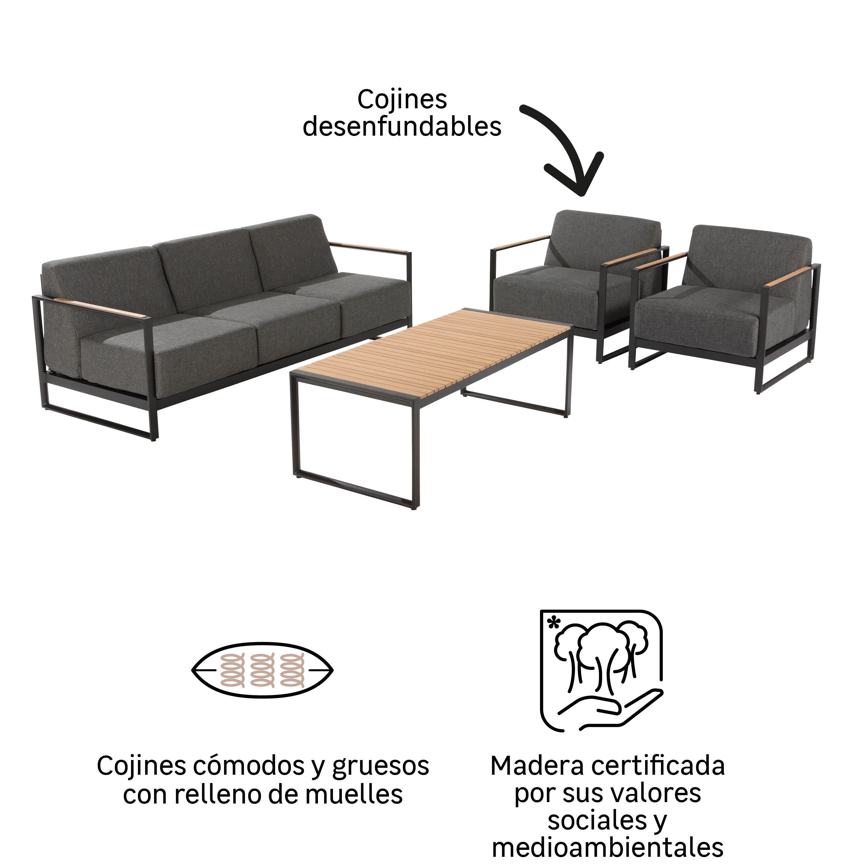 Set de porche NATERIAL Noxia de aluminio/madera negro para 5 personas - 4
