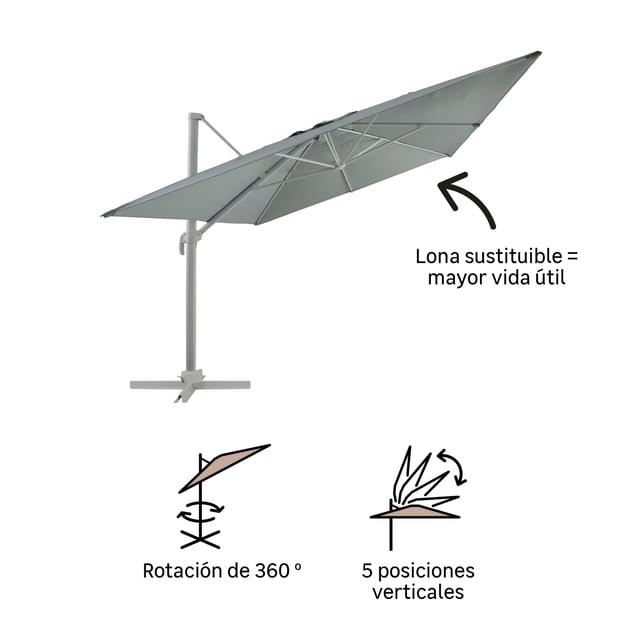 Parasol excéntrico rectangular de aluminio/acero NATERIAL Aura sage 293x386 cm