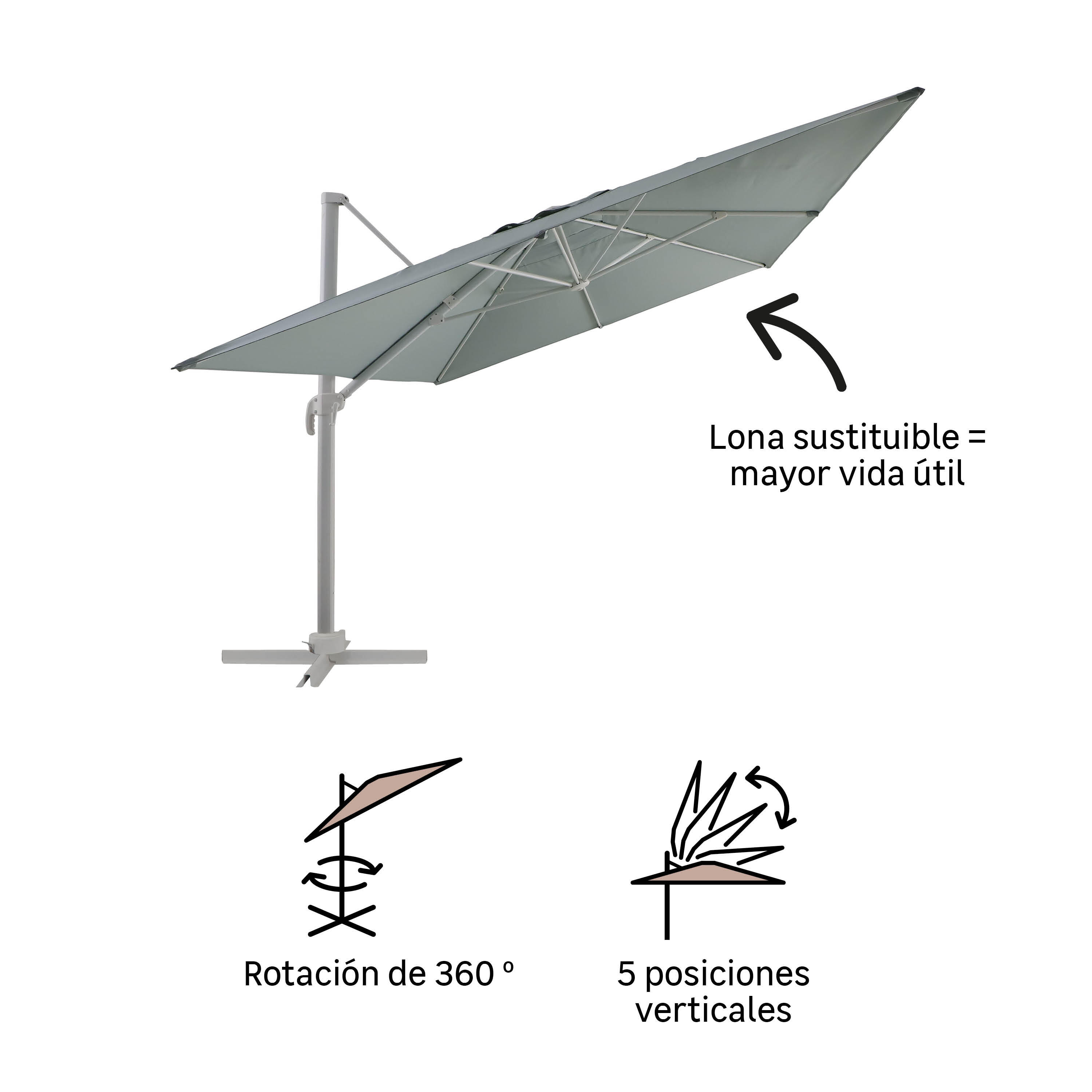 parasol excentrico rectangular de aluminioacero naterial aura sage 293x386 cm