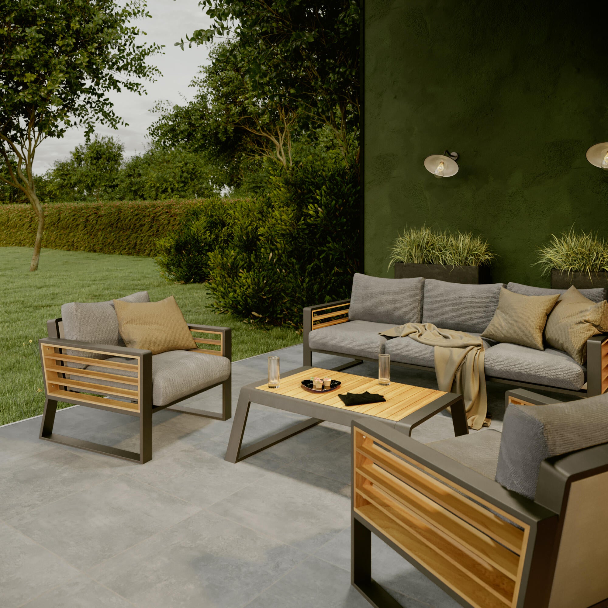 Conjunto jardim relax sofá, mesa, 2 cadeiras teca cinzento Ionis Naterial - 10