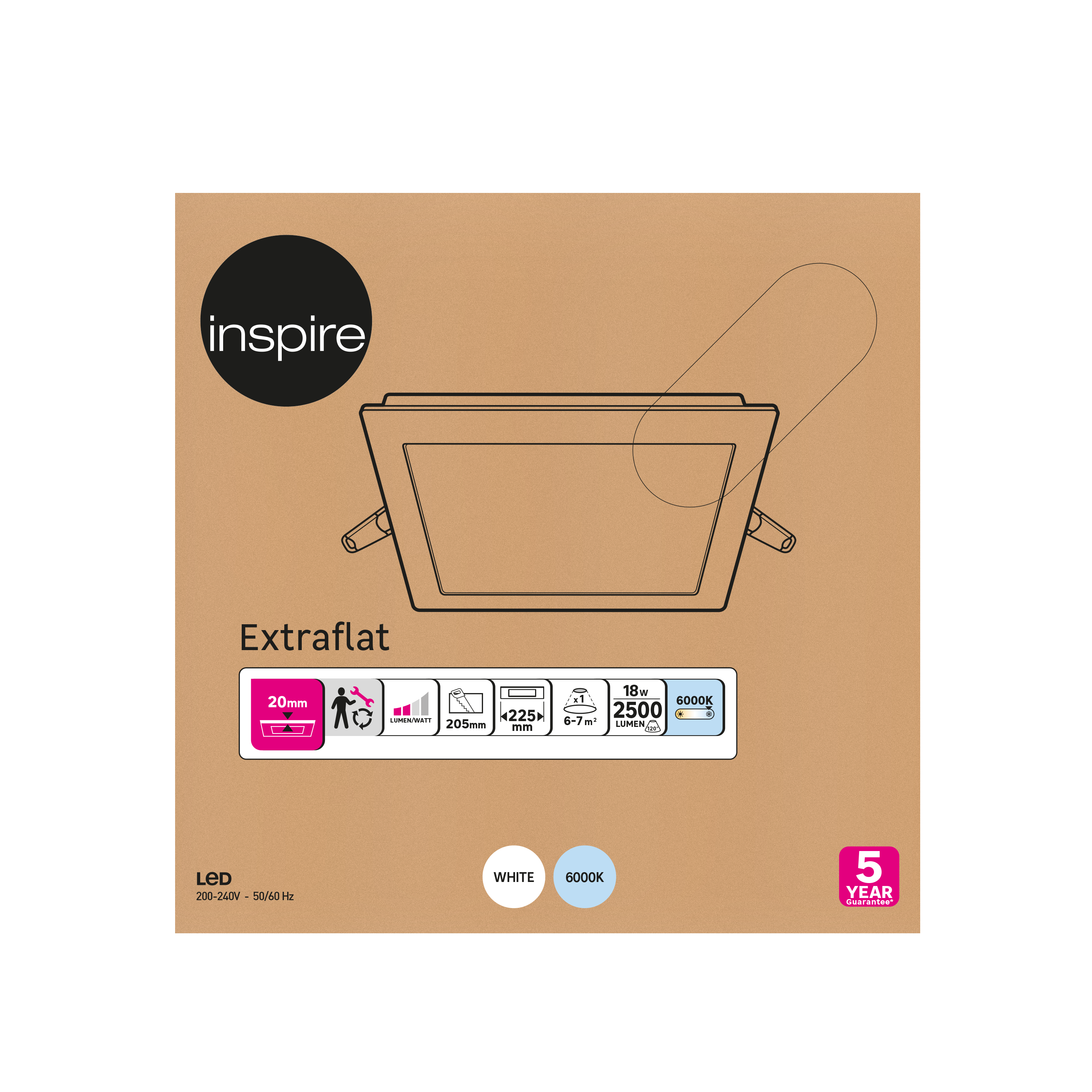 Downlight LED empotrable INSPIRE EXTRAFLAT blanco cuadrada 2500 lm 6000K IP20 - Foco LED empotrado para techos - 5