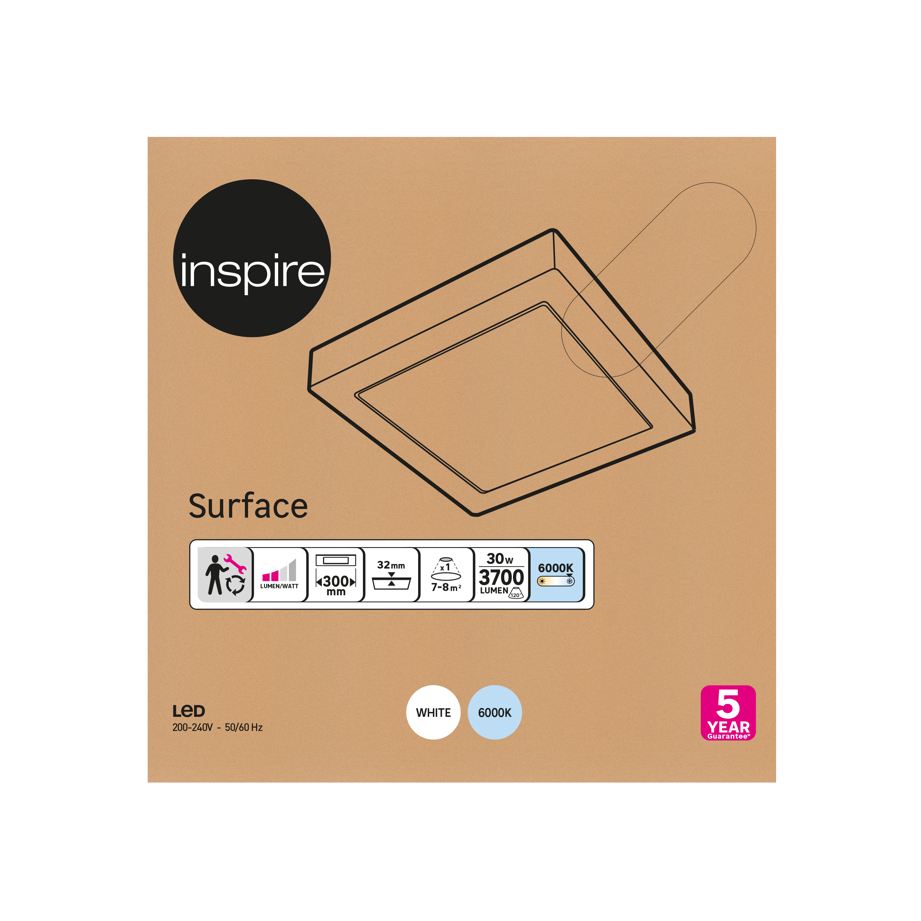 Downlight LED de superficie INSPIRE PP blanco cuadrado 2000 lm  luz blanco frío 6000K CRI 89-80 luz natural y fiel IP20 - Foco LED de superficie para techos - 3