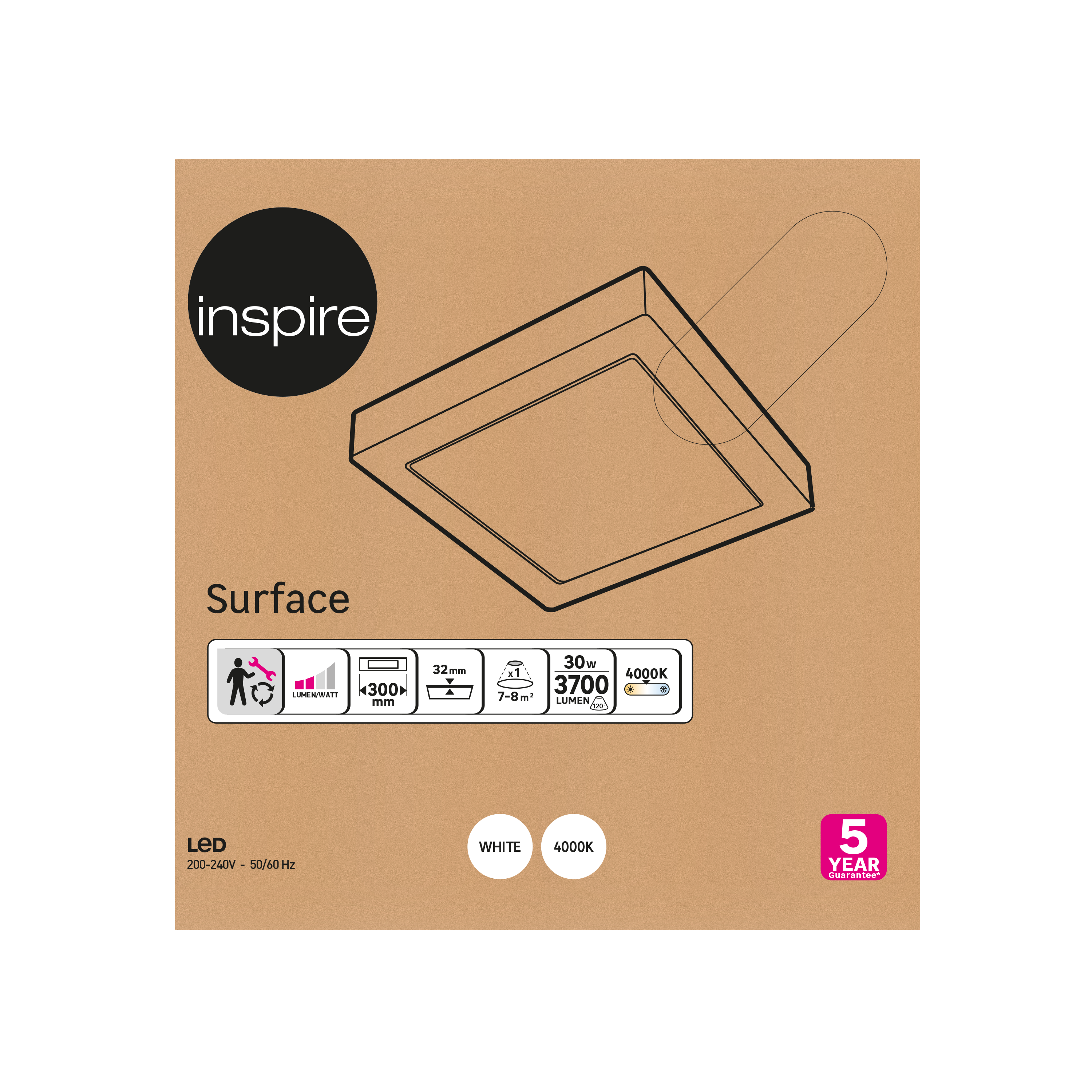 Downlight LED de superficie INSPIRE PP blanco cuadrado 3700 lm  4000K CRI 89-80 luz natural y fiel IP20 - Foco LED de superficie para techos - 3