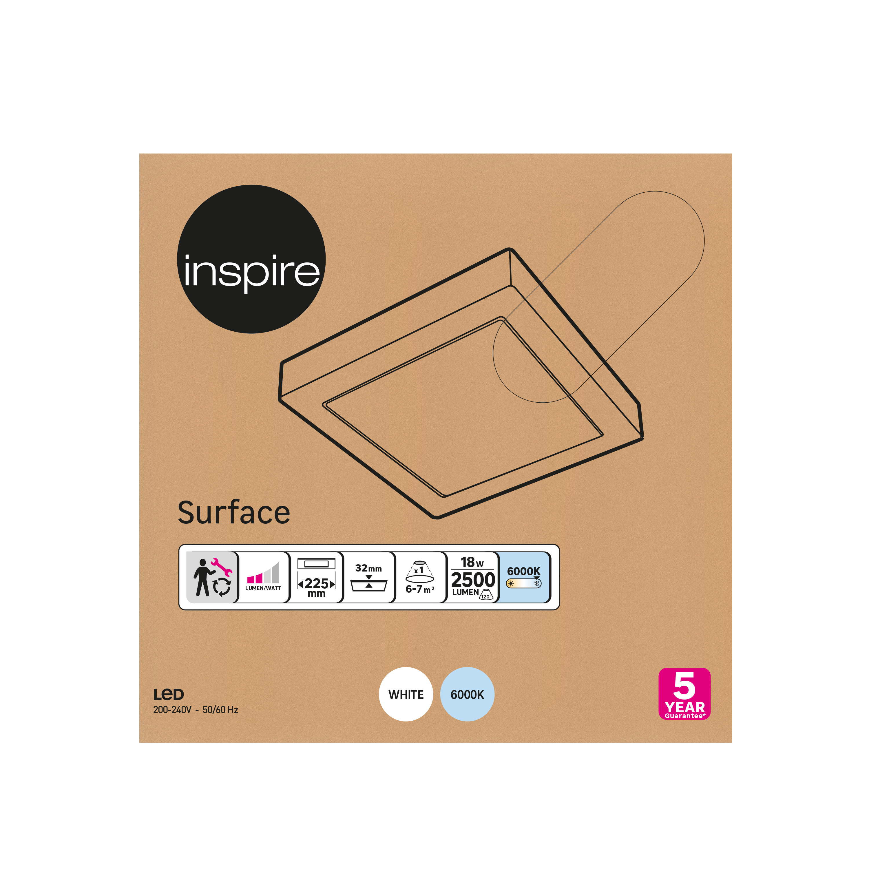Downlight LED de superficie INSPIRE PP blanco cuadrado 2500 lm  luz blanco frío 6000K CRI 89-80 luz natural y fiel IP20 - Foco LED de superficie para techos - 5