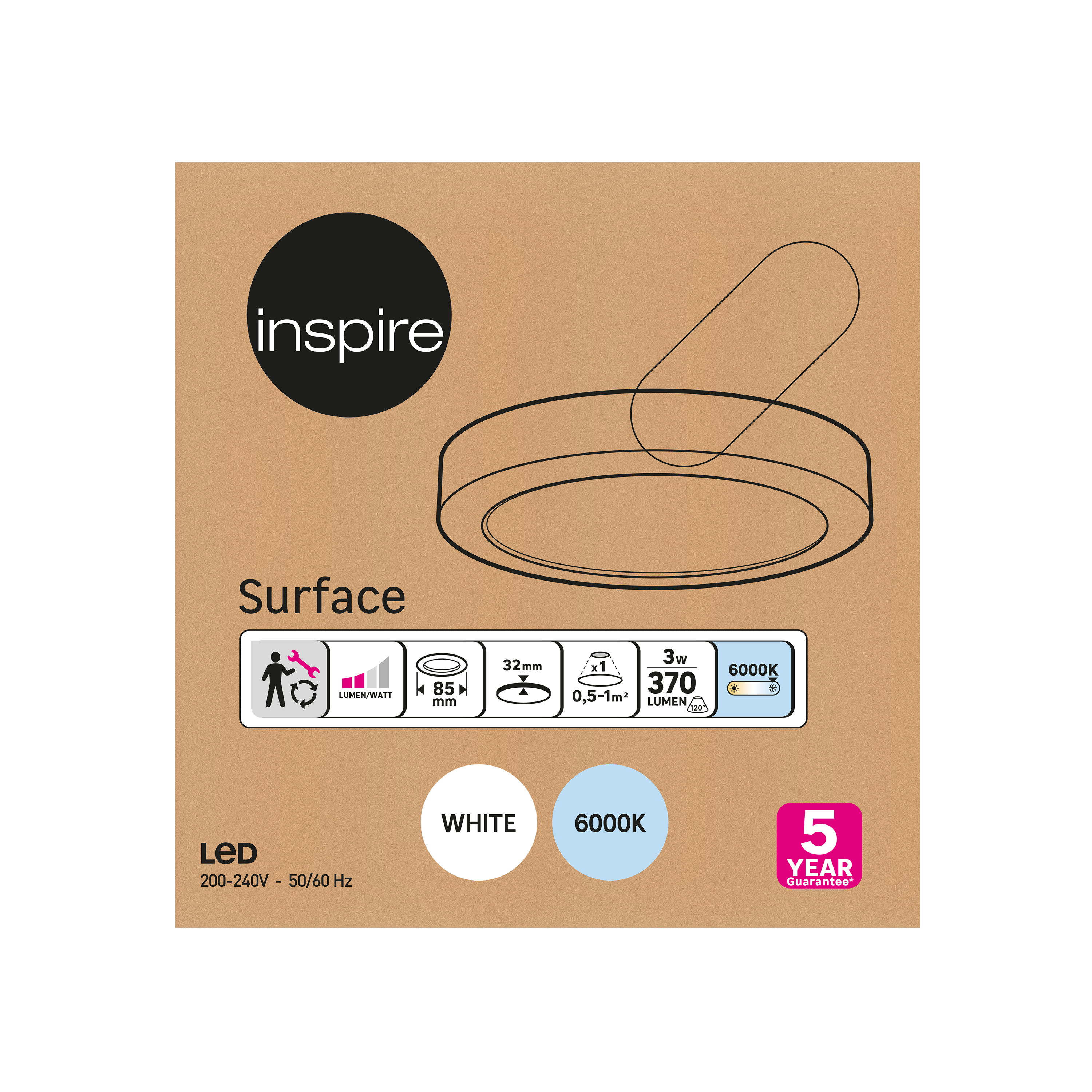 Downlight LED de superficie INSPIRE PP blanco redondo ø8.5 cm 370 lm luz blanco frío 6000K IP20 - Foco LED de superficie para techos - 5