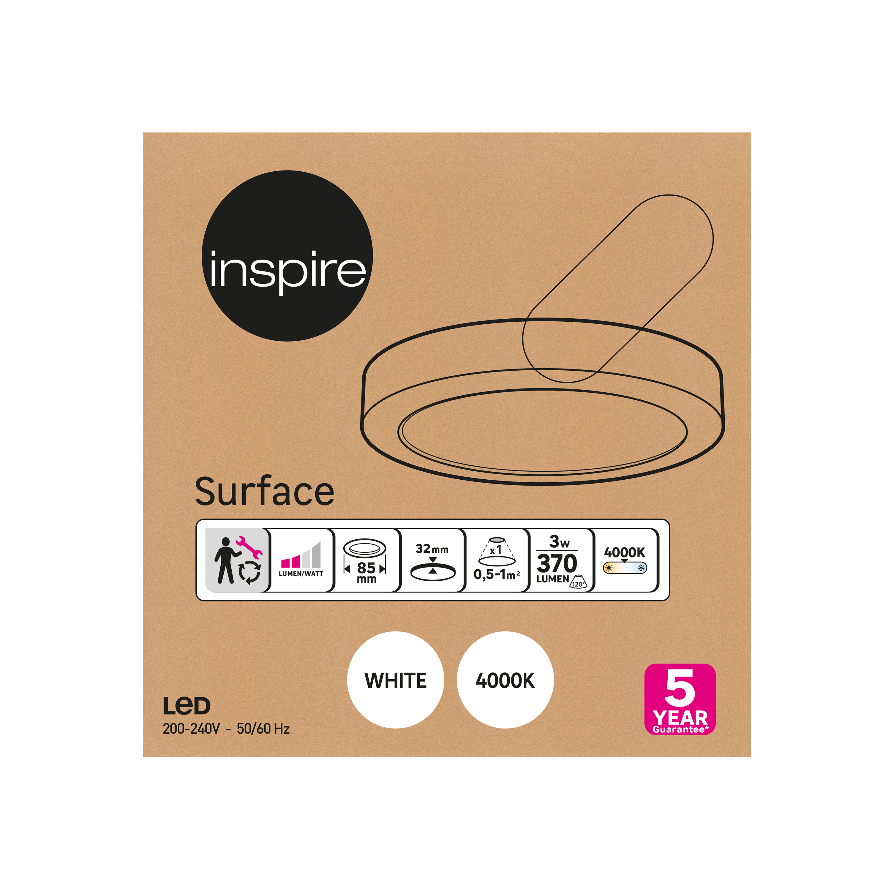 Downlight LED de superficie INSPIRE PP blanco redondo ø8.5 cm 370 lm 3 W 4000K CRI 89-80 luz natural y fiel IP20 - Foco LED de superficie para techos - 3