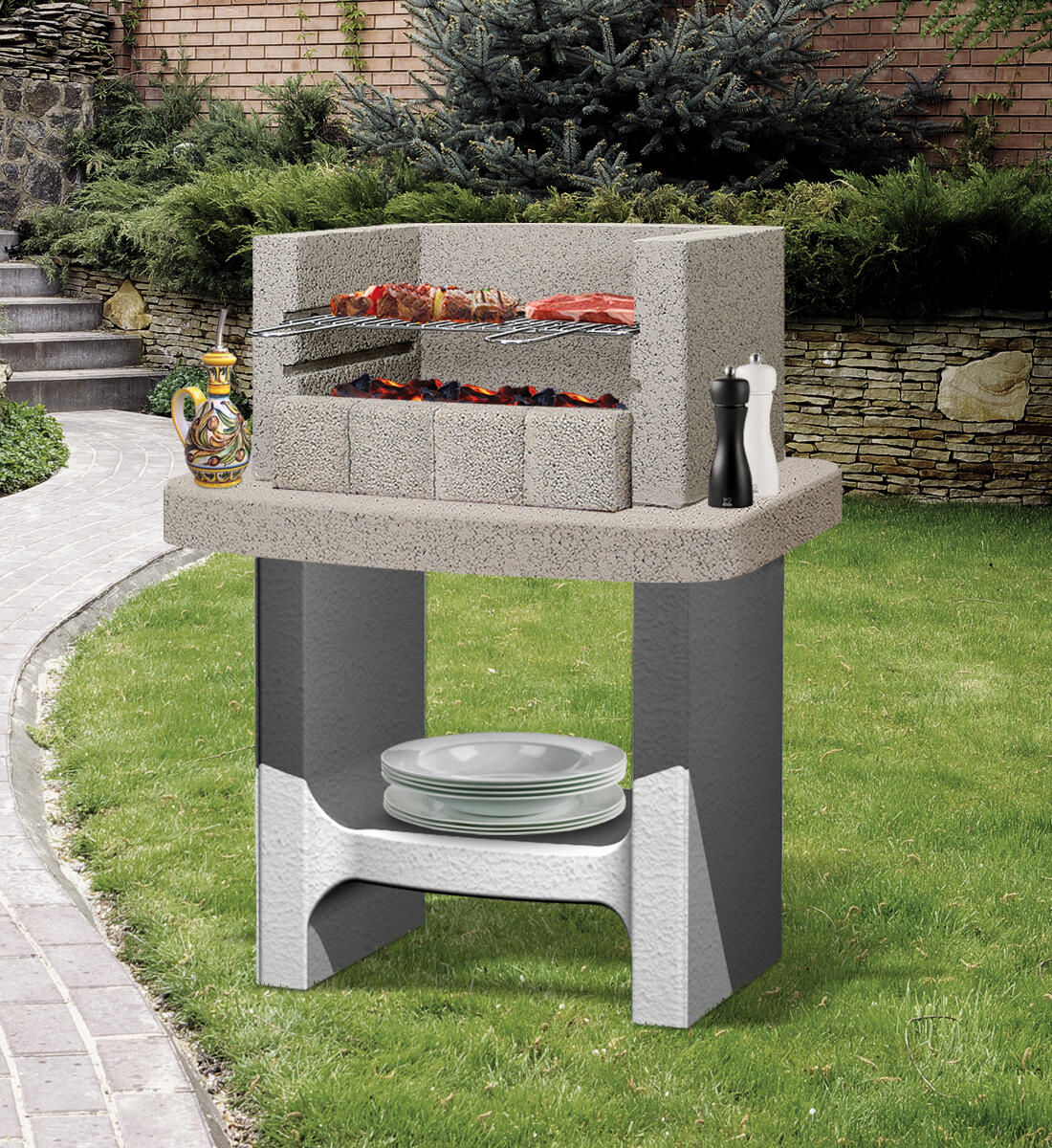 Barbecue fisso in calcestruzzo a carbonella Siena SAROM FUOCO L 33 x H 94 x P 55 cm - 2