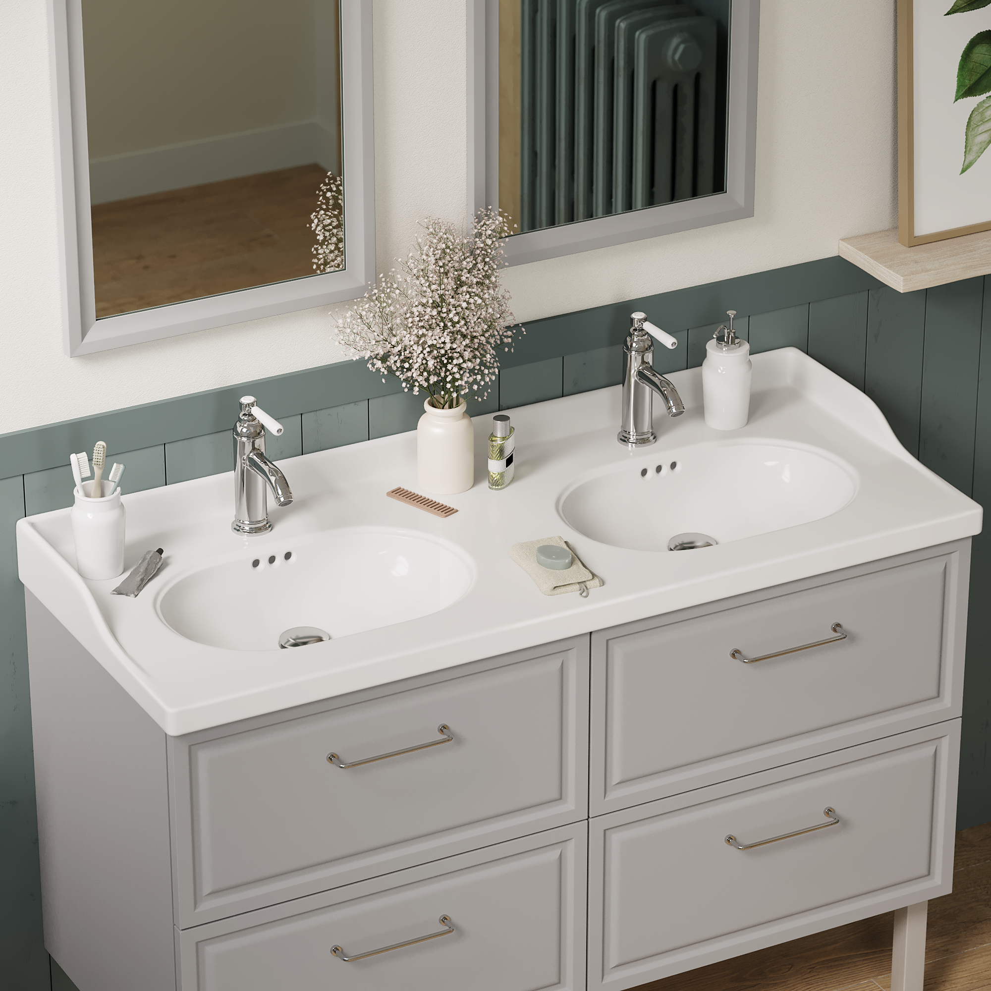 Plan double vasque Céramique Charm l.121.8 x P.49.7 x h.19.8 cm/vidage inclus - 6