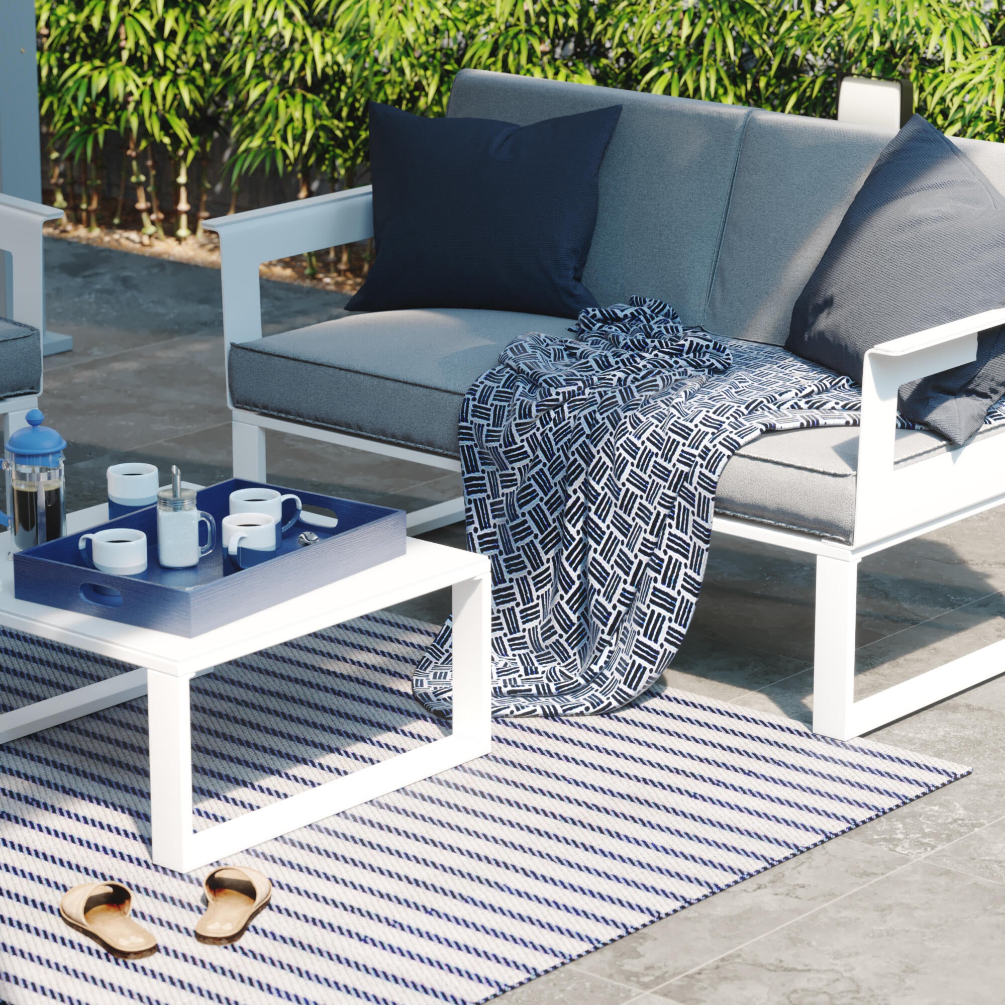 conjunto-mesa-de-jardim-sofá-poltrona-almofada-alumínio-cinza-branco-material odyssea - 2