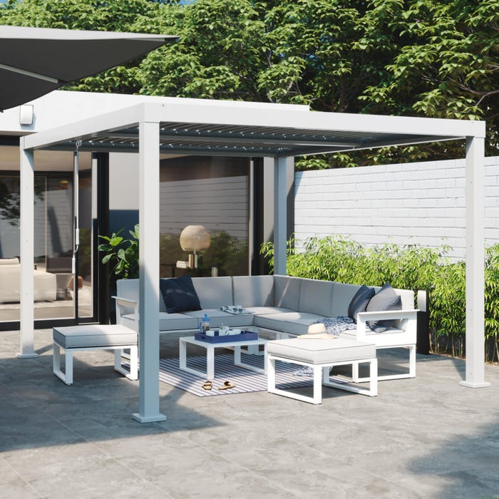 mesa-de-jardim-sofá-poltrona-alumínio-cinza-branco-almofada-conjunto material odyssea