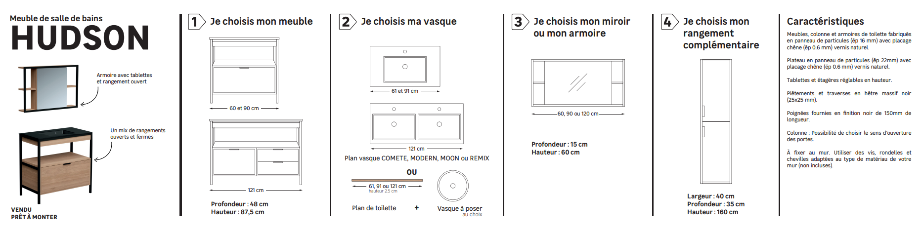 Meuble sous-vasque 1t L.90cm x H.87.5cm x P.48cm plaqué chêne Hudson - 8
