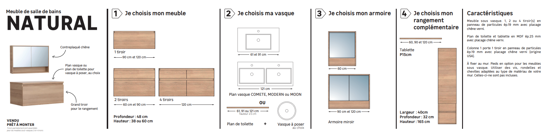 Meuble sous-vasque L.120cm x H.62.5cm x P.48cm placage chêne Natural - 12