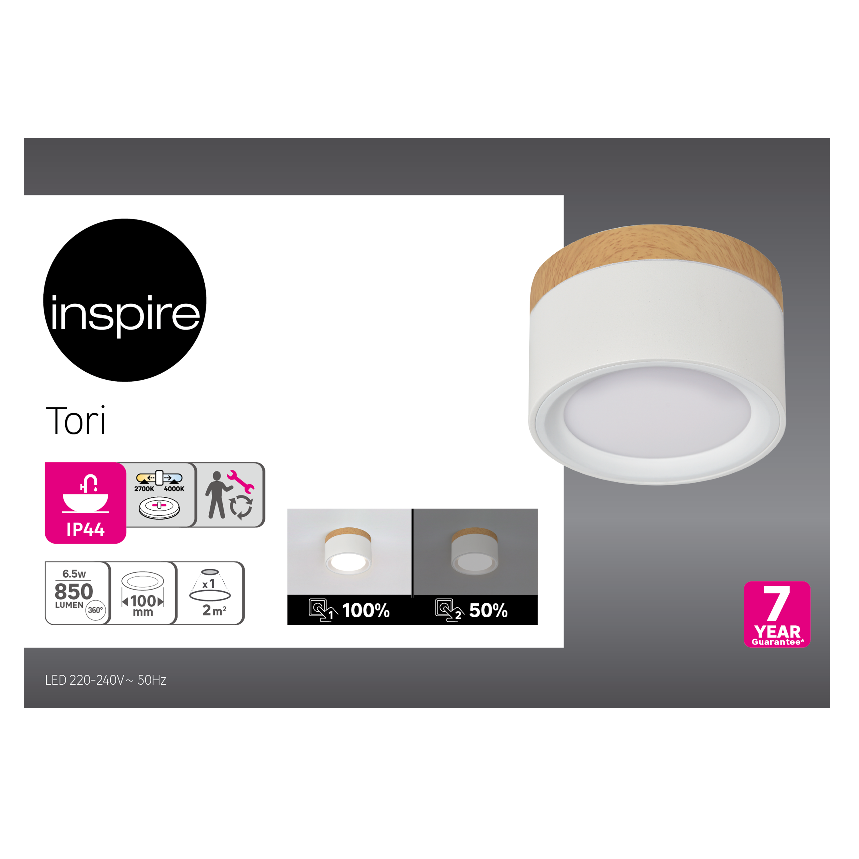 Plafón INSPIRE Tori redondo 590lm 2700-4000K intensidad regulable madera/blanco - 5