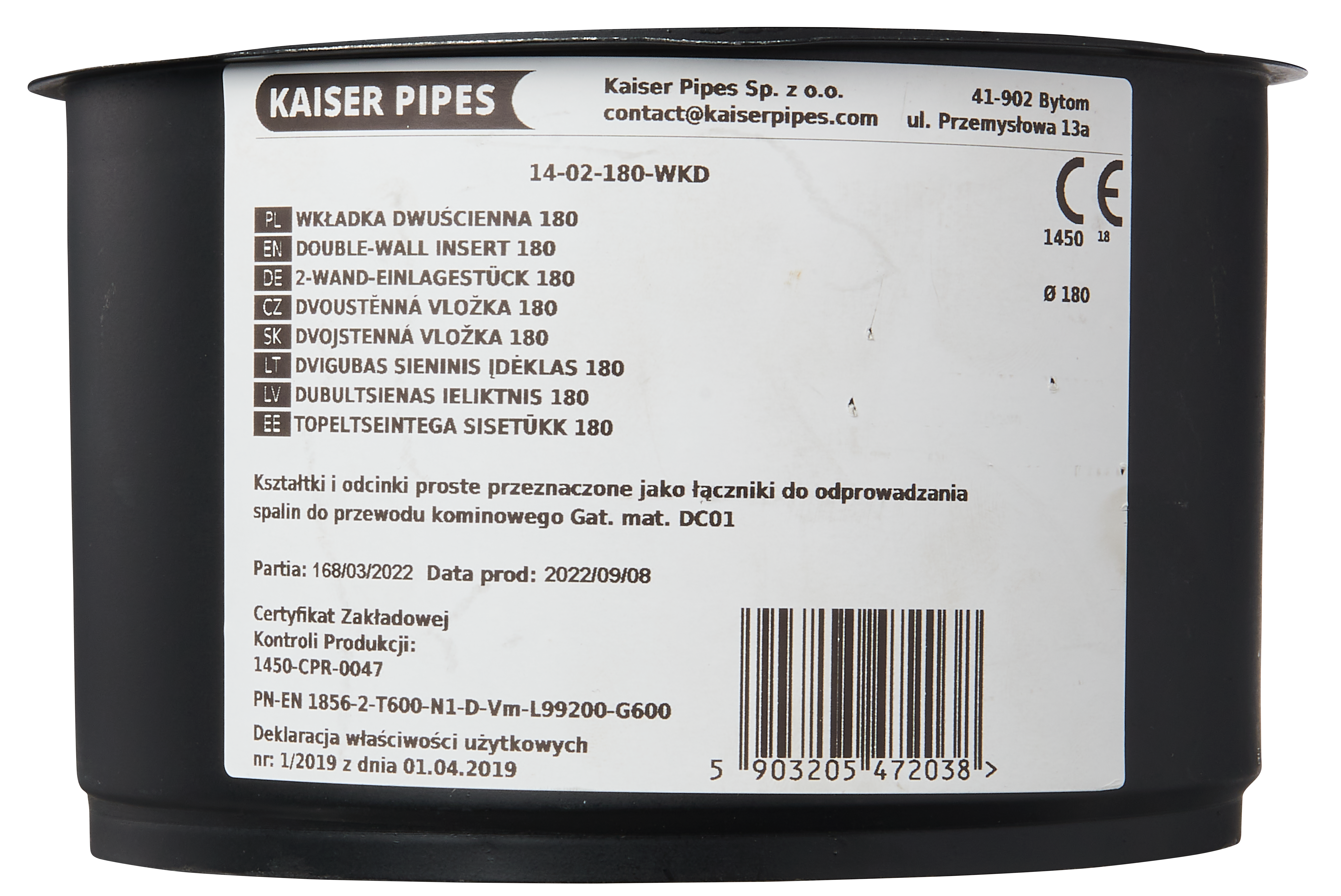 Przejściówka wkładka dwucienna 180 mm WKD Kaiser Pipes - 2