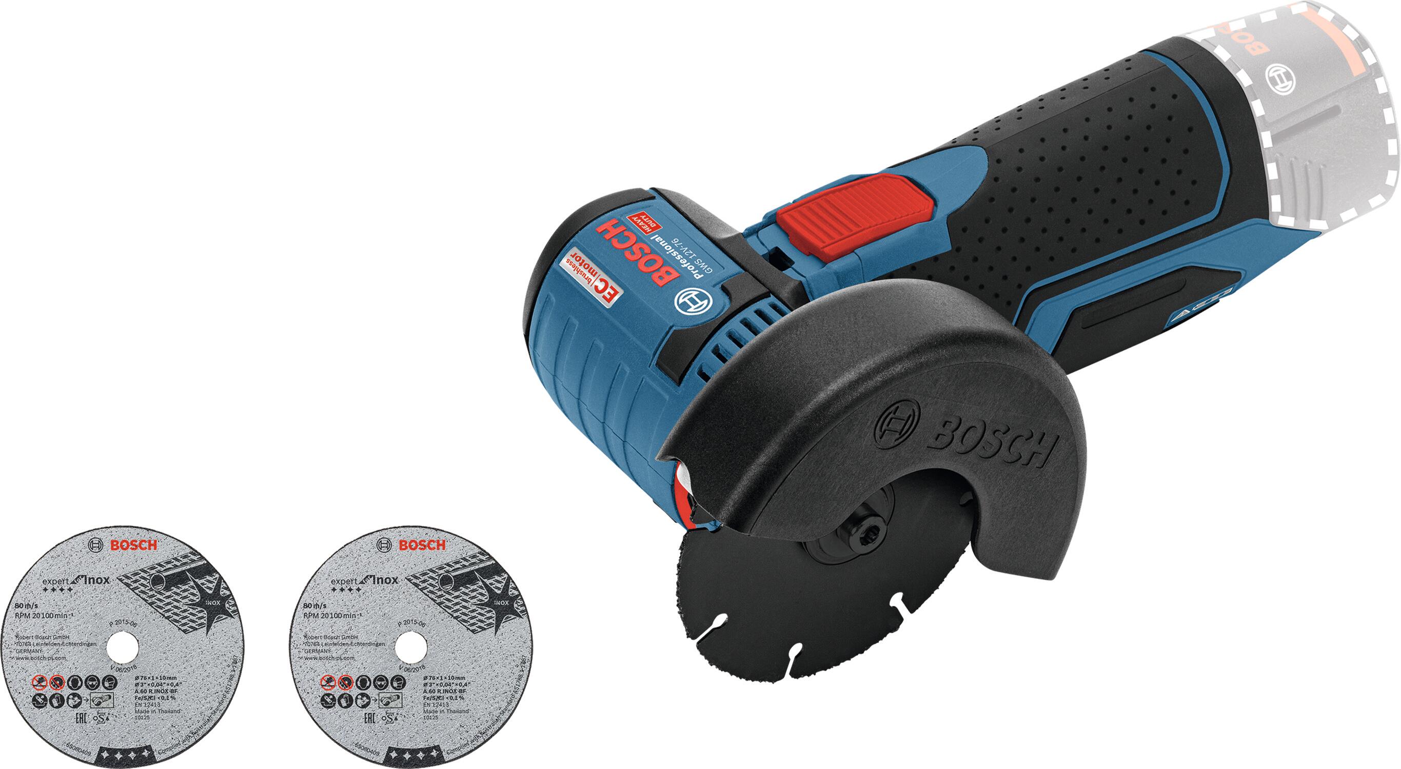 Miniamoladora batería bosch blue gws 12v 76mm + 2 discos. sin batería /cargador