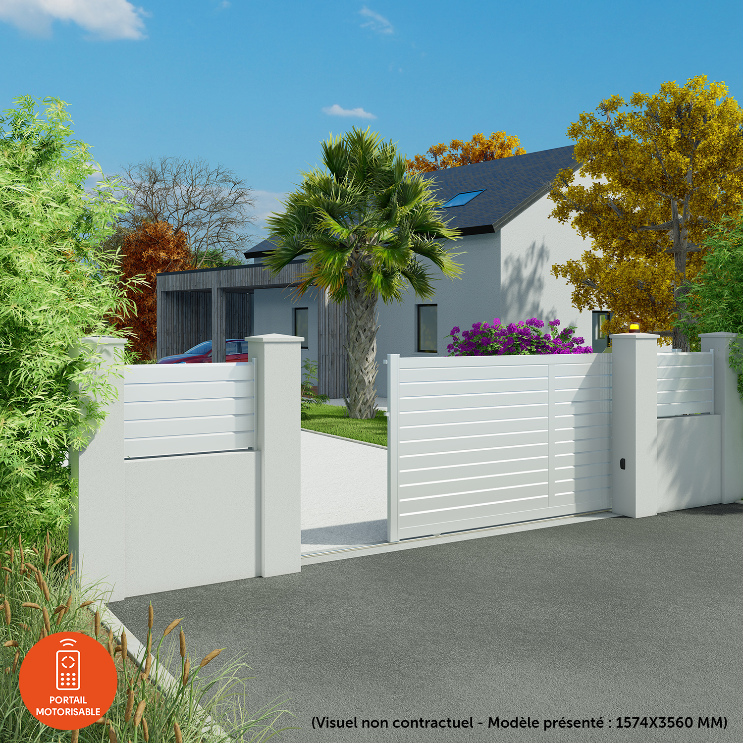 Portail coulissant aluminium Zef blanc Klos up!, l.362 x H.157 cm