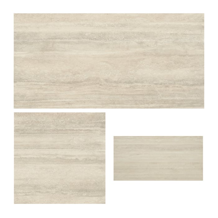 Tres formatos artens helos azulejos efecto travertino beige 