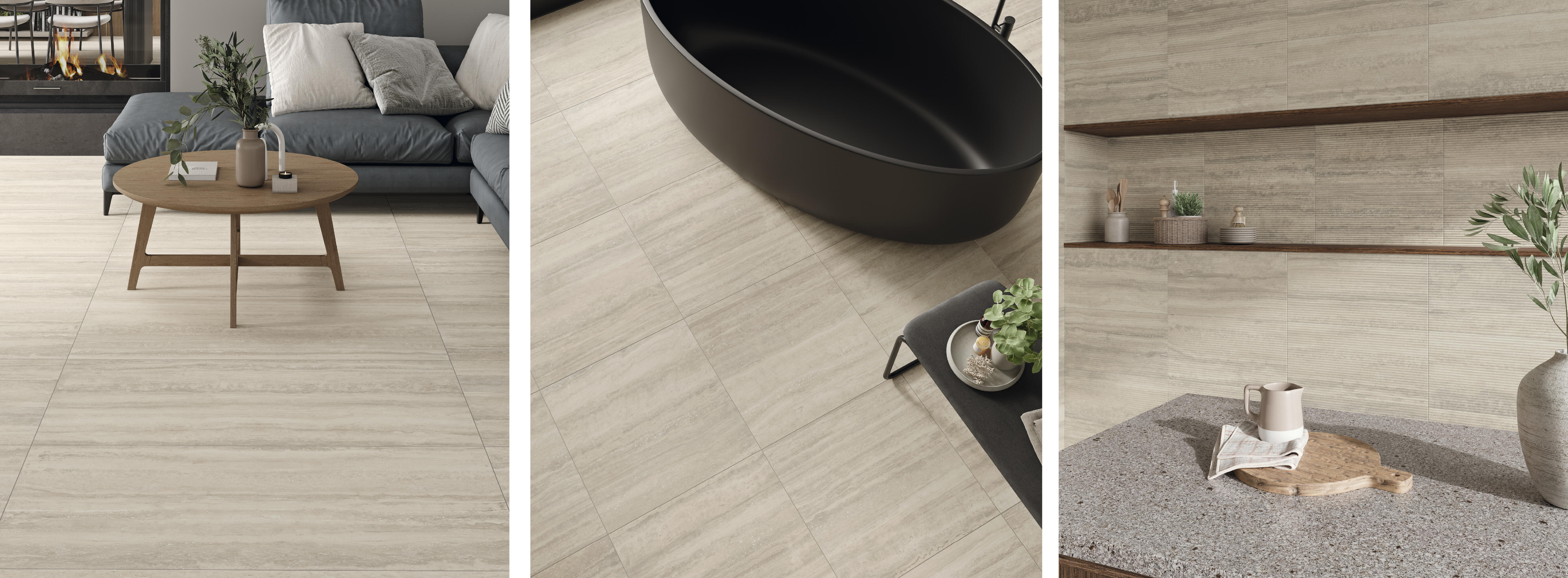 Tres fotos de helos azulejos efecto travertino beige  - 1