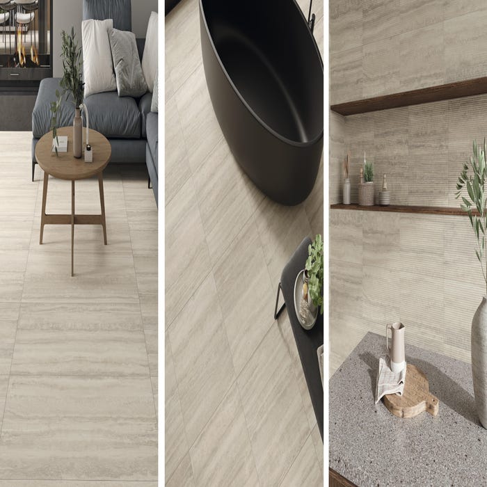 Tres fotos de helos azulejos efecto travertino beige 