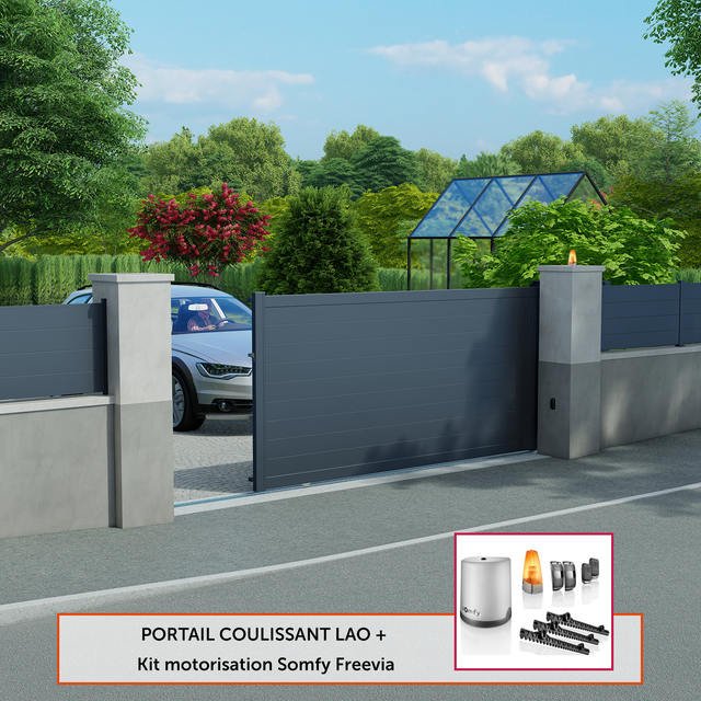 Kit portail coulissant Lao gris zinc Klos up! + moteur Somfy l.362 x H.170,5 cm