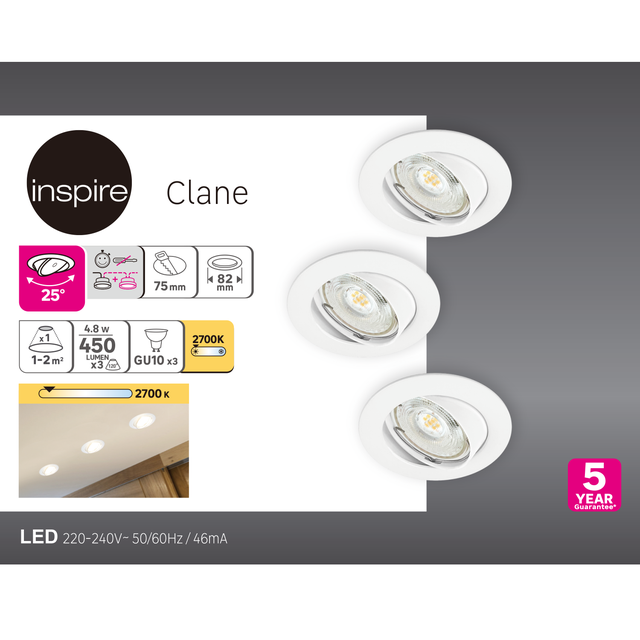Set da 3 pezzi, faretto da incasso con fonte luminosa orientabile GU10 INSPIRE CLANE bianco  Ø 8.2 cm Luce bianco caldo