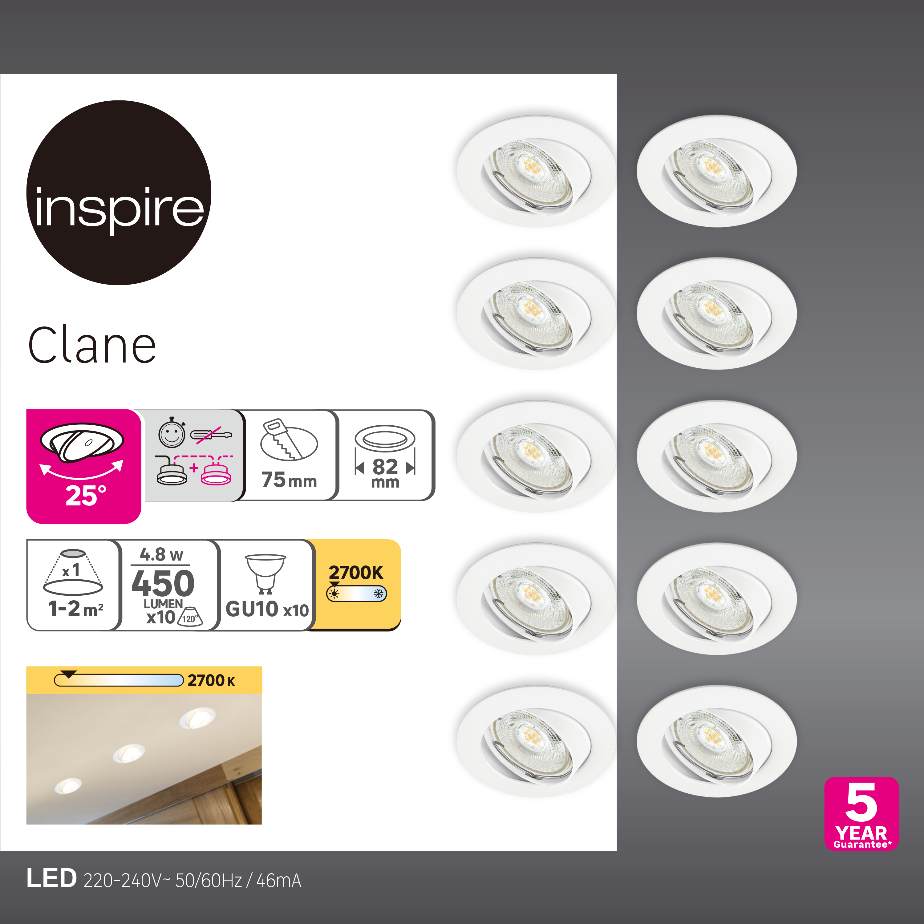 Pack de 10 downlight LED empotrable orientable INSPIRE CLANE blanco redondo ø8.2 cm 450 lm 4.8 W luz blanco cálido 2700K IP23 - Foco LED empotrado para techos - 5