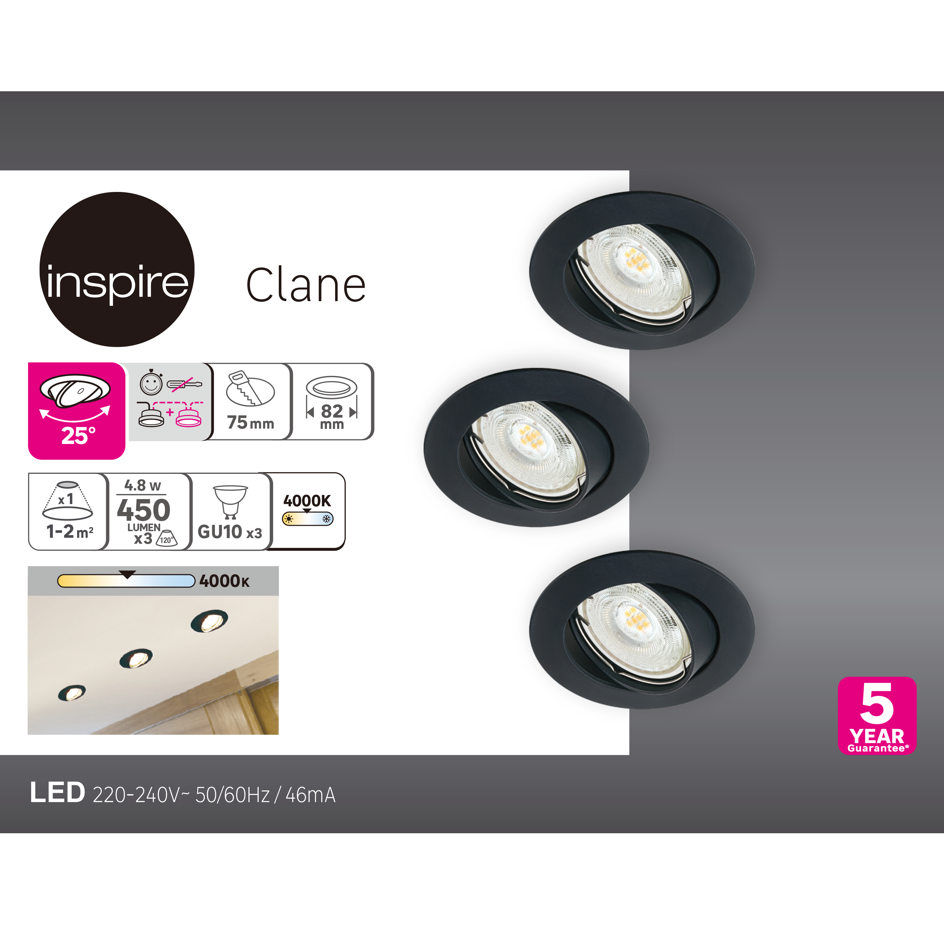 Kit 3 spots à encastrer orientable Clane gu10, blanc neutre INSPIRE rond noir - 2