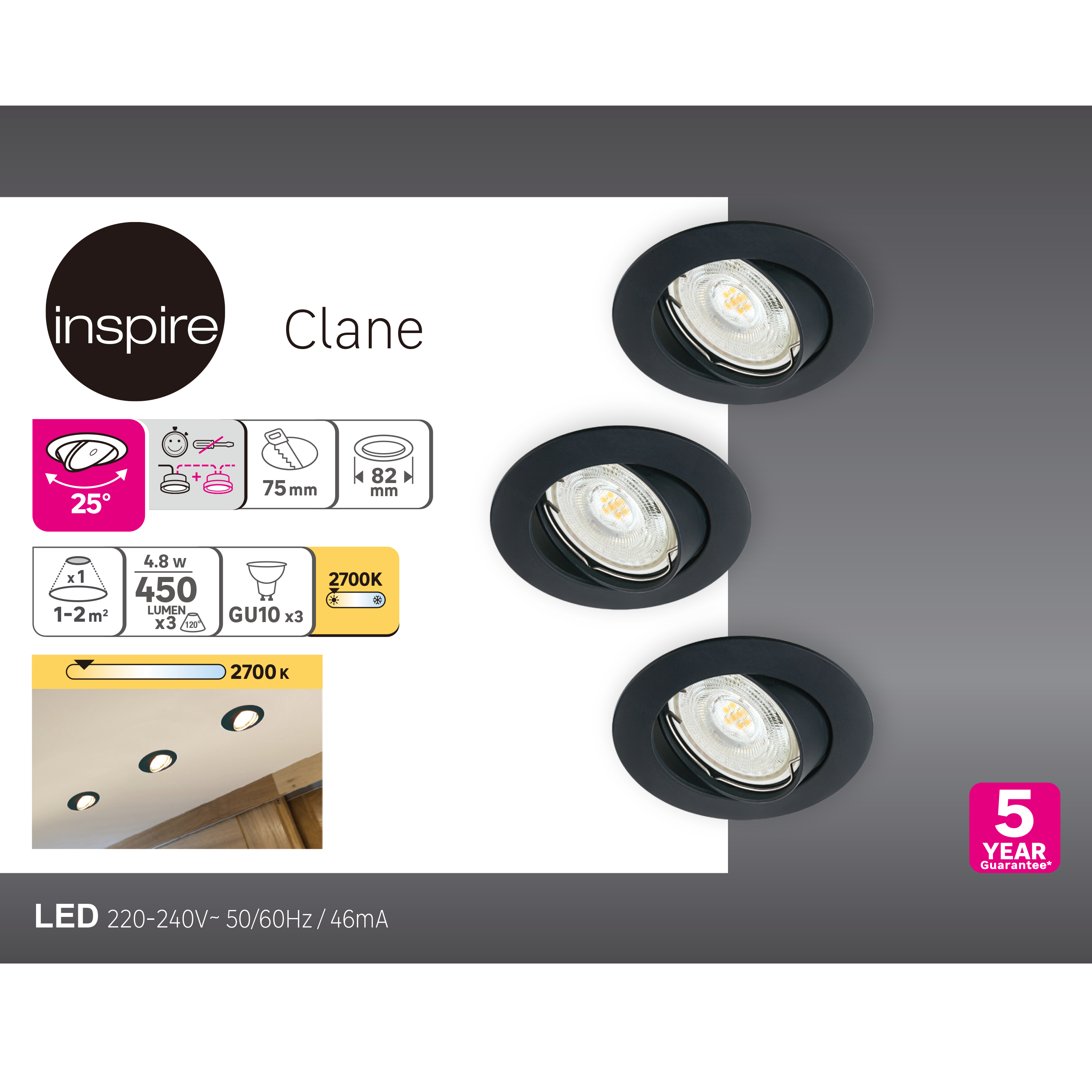 Kit 3 spots à encastrer orientable Clane gu10, blanc chaud INSPIRE rond noir - 3
