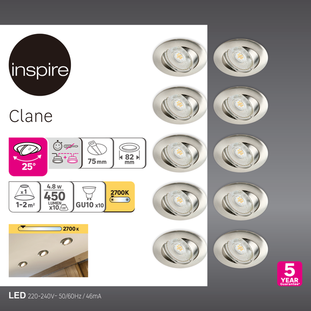 Set da 10 pezzi, faretto da incasso con fonte luminosa orientabile GU10 INSPIRE CLANE argento  Ø 8.2 cm Luce bianco caldo