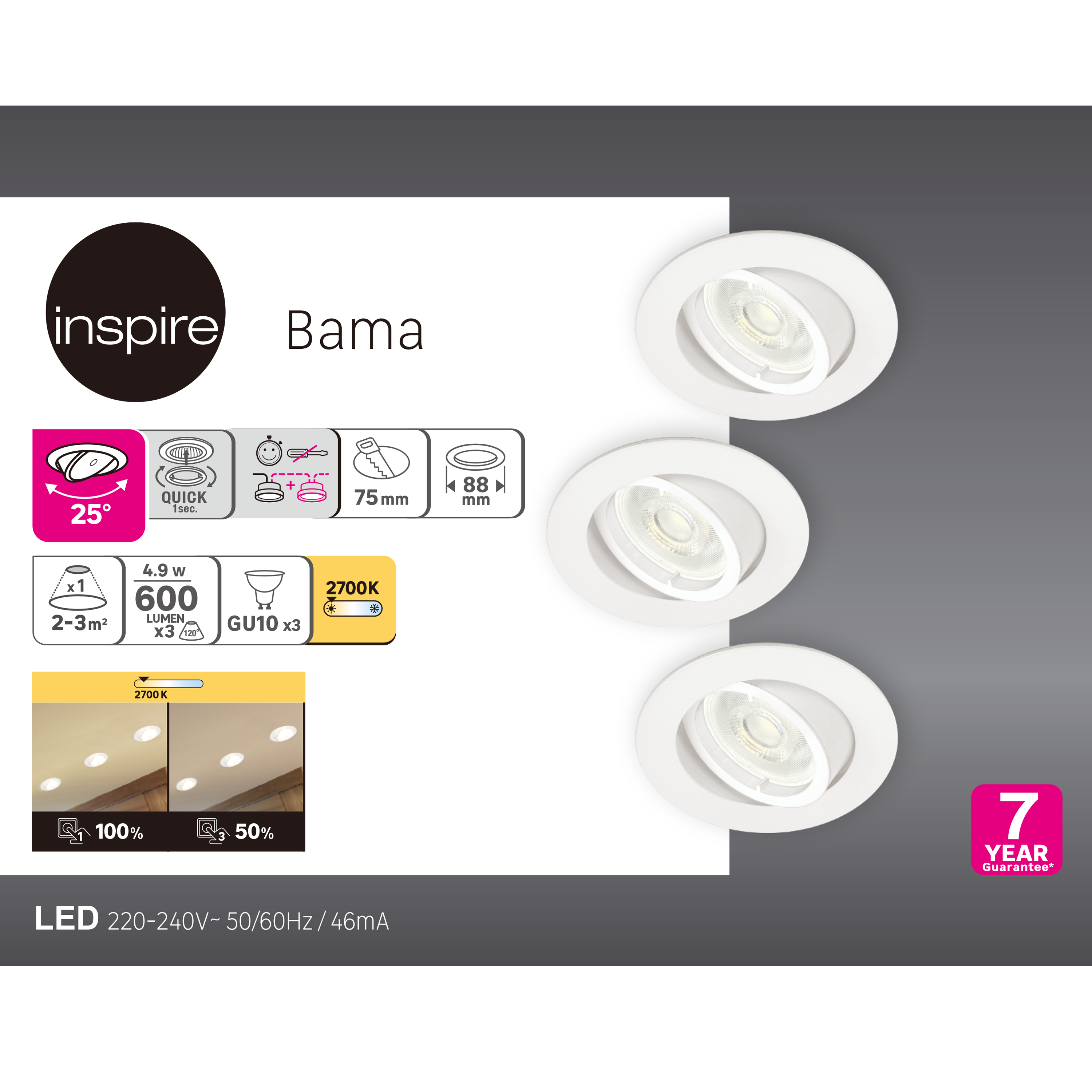 Kit 3 spots à encastrer Bama gu10, 2700K intensité variable INSPIRE rond blanc - 5