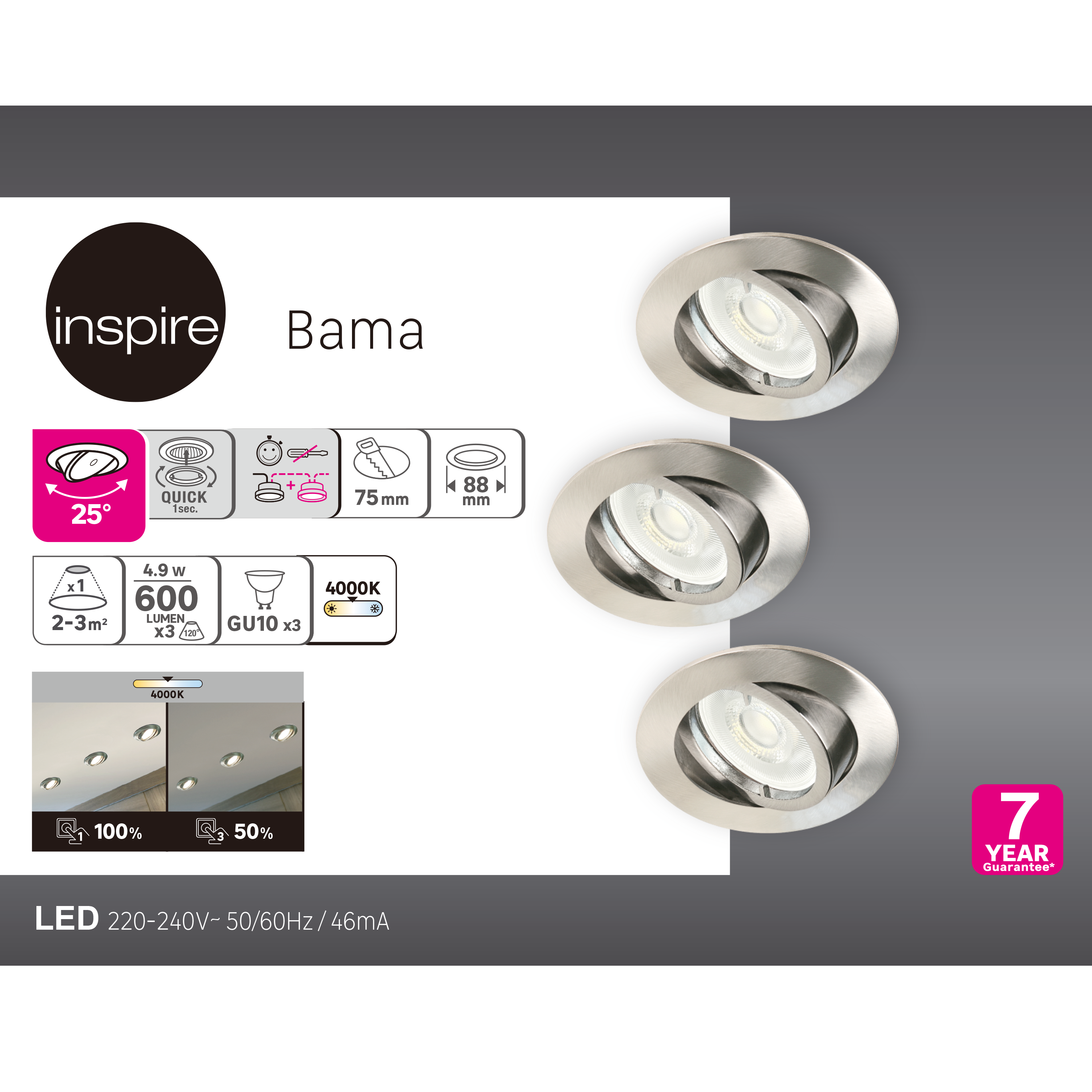 Kit 3 spots à encastrer Bama gu10, 4000K intensité variable INSPIRE rond acier - 2