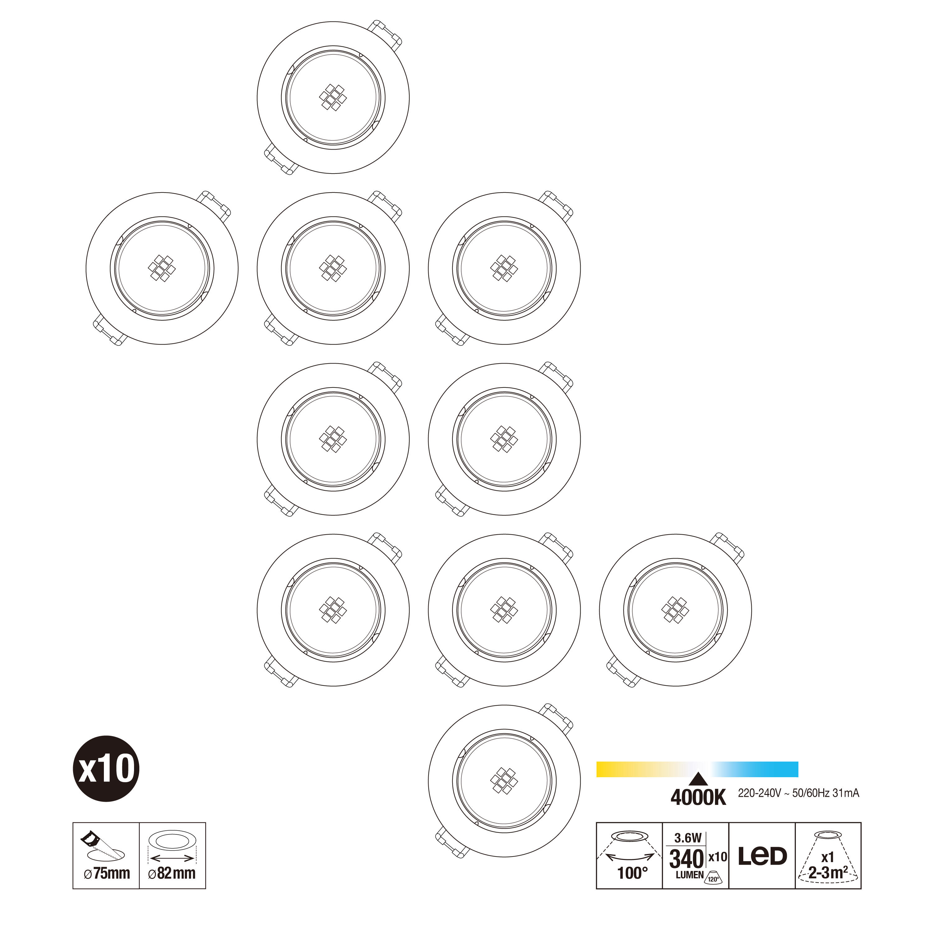 Kit 10 spots à encastrer gu10, 4000K rond blanc - 2