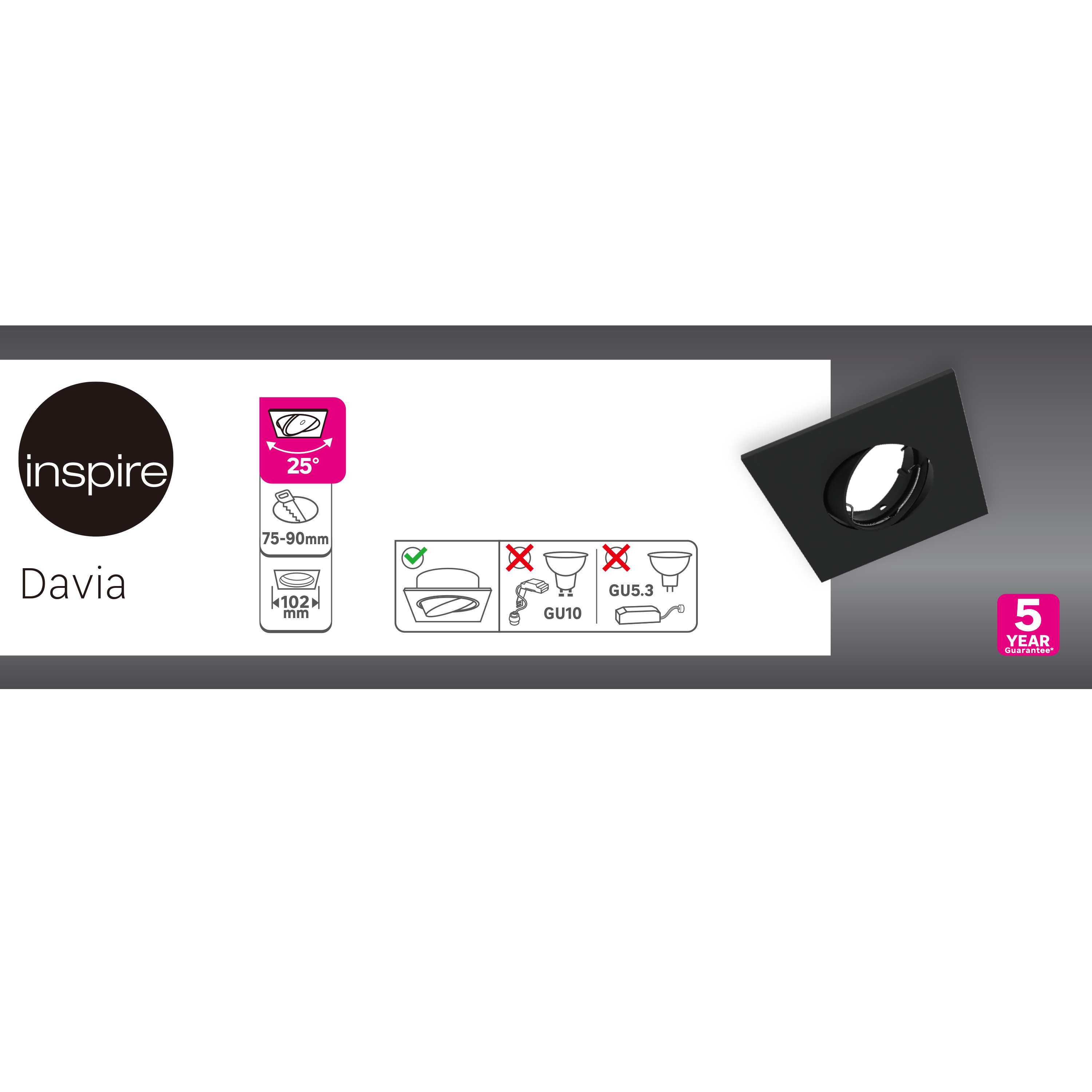 Foco de encastrar LED quadrado GU10 50w preto Inspire Davia - 5