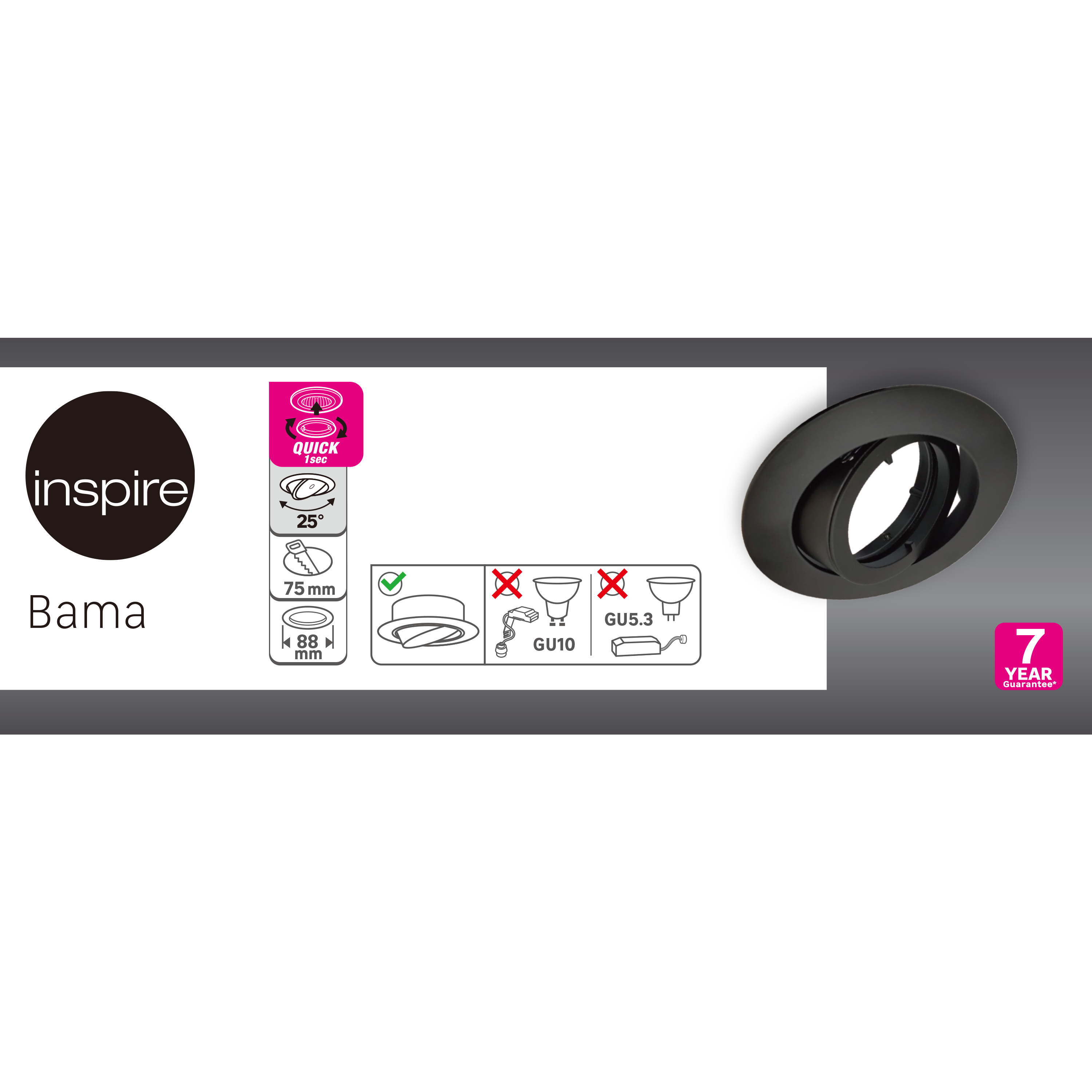 Portafaretto da incasso in alluminio BAMA GU10 nero tondo IP23 INSPIRE - 6
