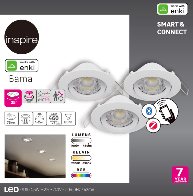 Kit 3 spots encastrés connecté Bama Enki gu10 couleurs et blancs, INSPIRE blanc