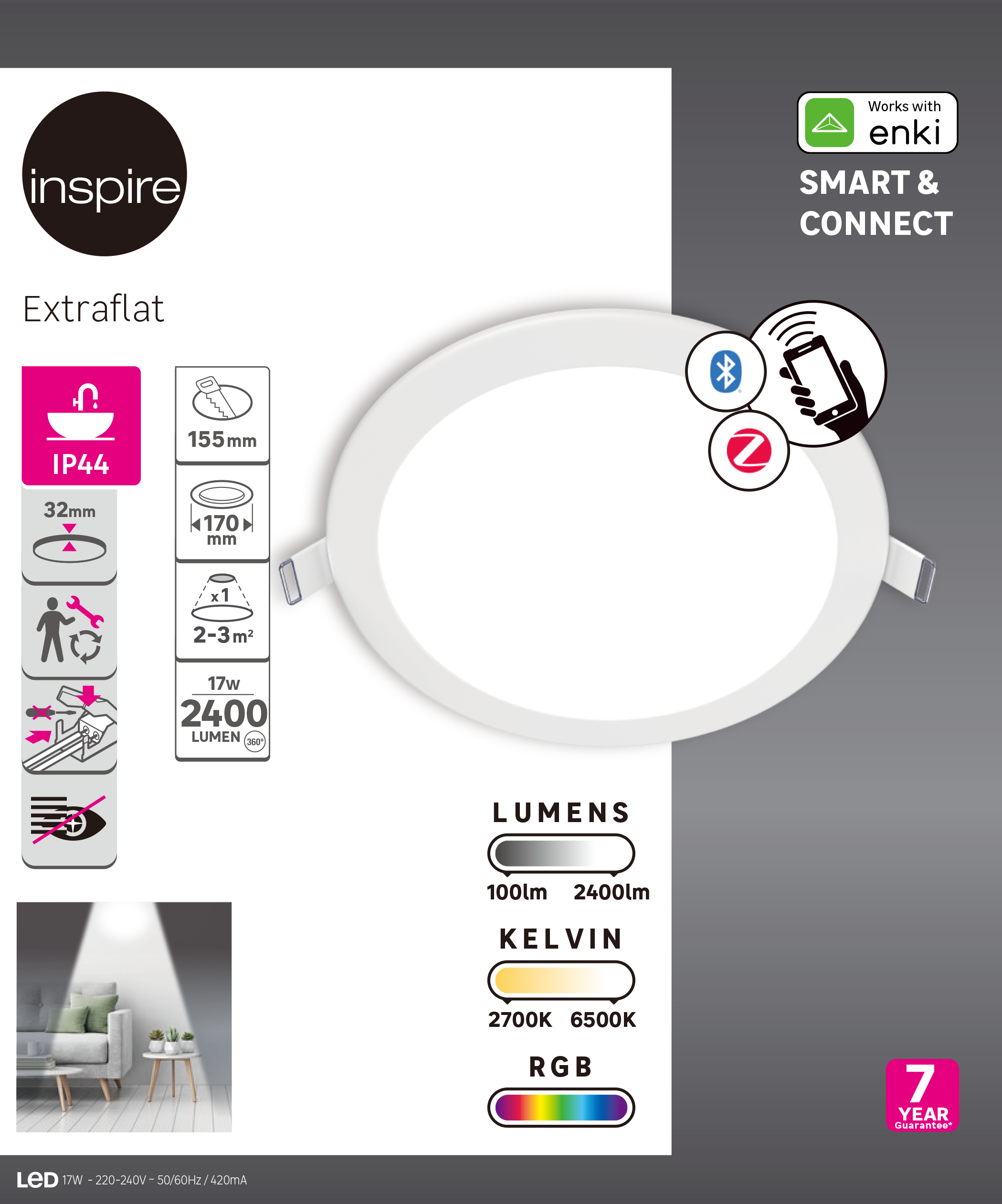 Downlight LED empotrable INSPIRE Extraflat Enki blanco redondo ø17 cm 2400 lm 15.2 W luz CCT 2700K-6500K IP44 - Foco LED empotrado para baños - 6