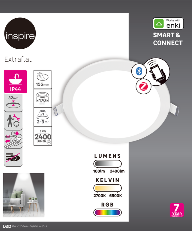 Spot à encastrer connecté Extraflat Enki led, couleurs et blancs, D17 blanc