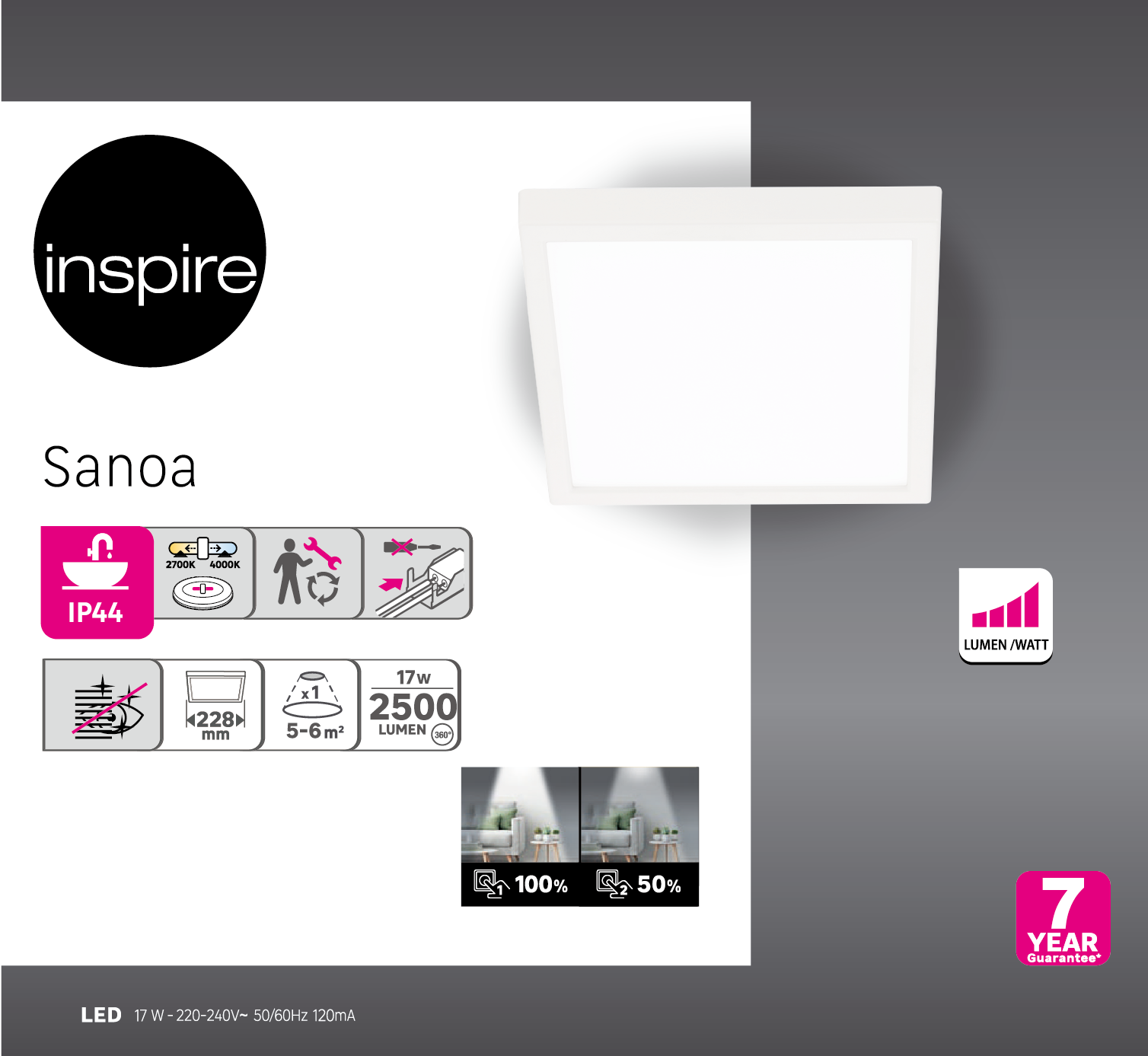 Foco LED INSPIRE Sanoa cuadrado blanco D22 2000lm 2700/4000K - 5