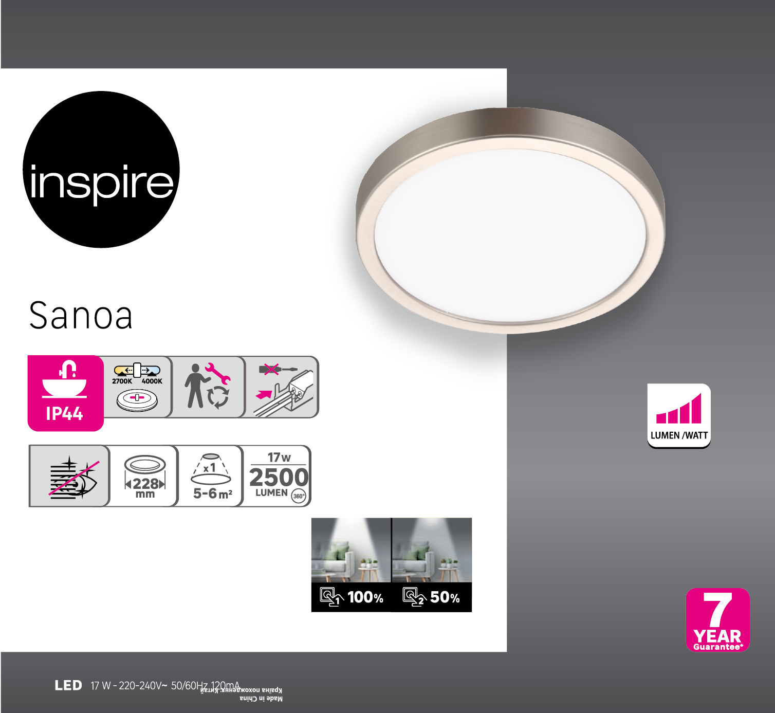 Downlight LED de superficie INSPIRE SANOA gris redondo ø22.5 cm 2500 lm 17 W luz CCT 2700K-4000KK CRI 89-80 luz natural y fiel IP44 - Foco LED de superficie para baños - 5