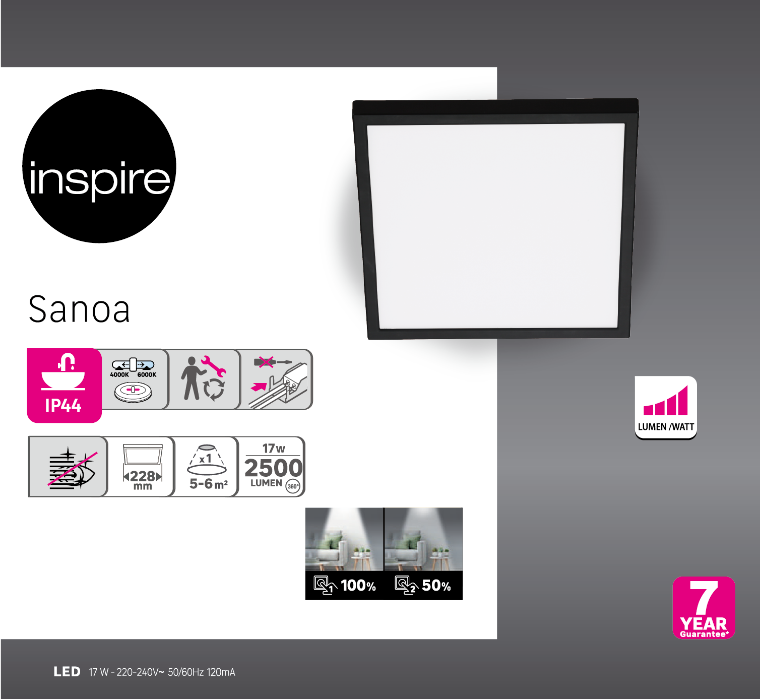 Downlight LED de superficie INSPIRE SANOA negro cuadrado ø22.5 cm 2500 lm 17 W luz CCT 4000K-6000KK IP44 - Foco LED de superficie para baños - 6