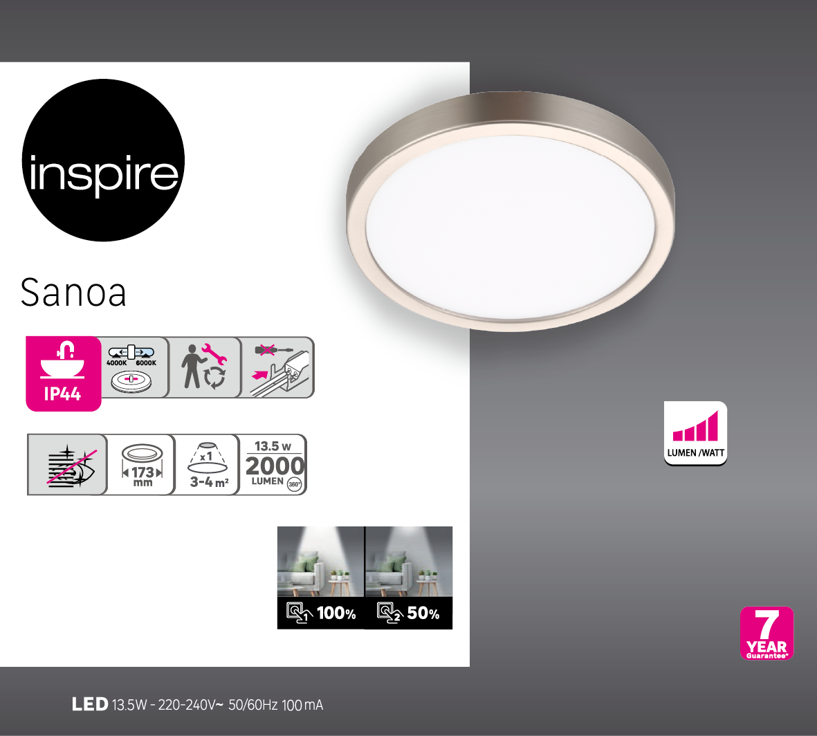 Foco de superficie redondo Sanoa IP44 2000lm cinzento Inspire - 7