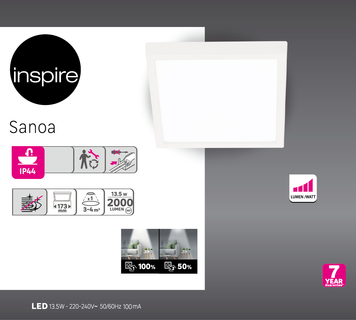 Downlight LED de superficie INSPIRE SANOA blanco cuadrado ø17.3 cm 2000 lm 13.5 W luz CCT 4000K-6000KK IP44 - Foco LED de superficie para baños - 5