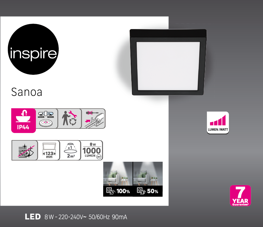 Downlight LED de superficie INSPIRE SANOA negro cuadrado ø12.3 cm 1000 lm 8 W 2 tonos de luz CCT (4000K-6000K) IP44 - Foco LED de superficie para baños - 4