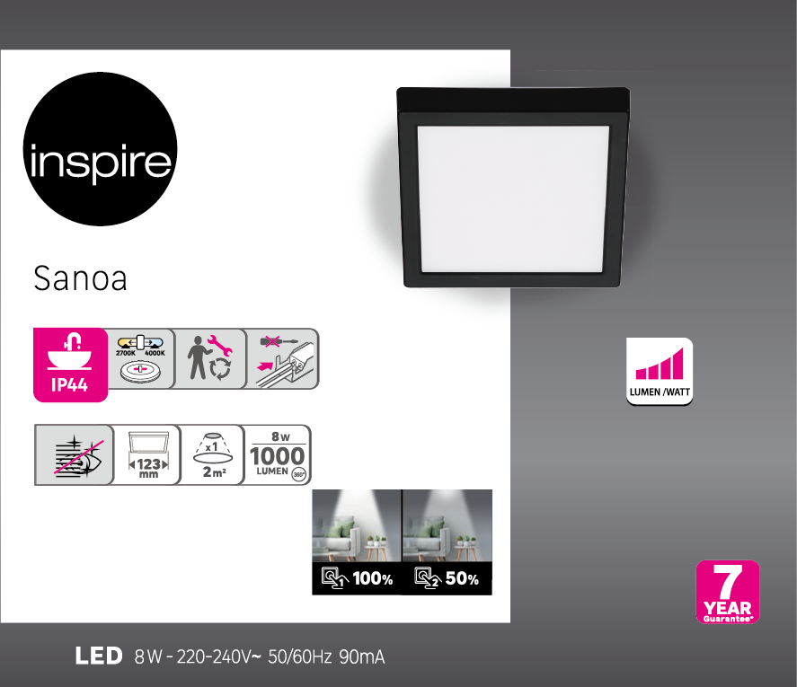 Foco LED INSPIRE Sanoa cuadrado negro D12 2700/4000K IP44 - 11
