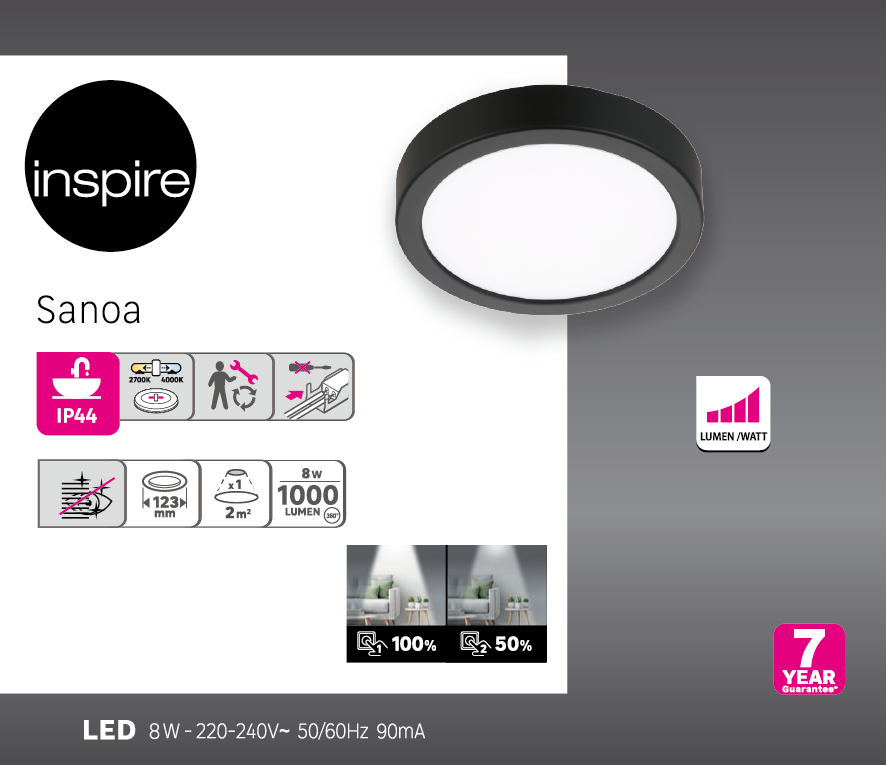 Kit 1 spot à fixer LED Sanoa IP44, blanc chaud/neutre D.12 noir INSPIRE - 8