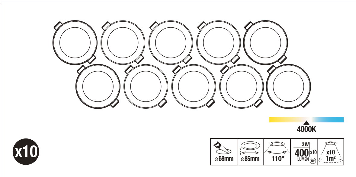 Kit 10 spots à encastrer led fixe, blanc neutre 4000 kelvins, rond blanc - 2