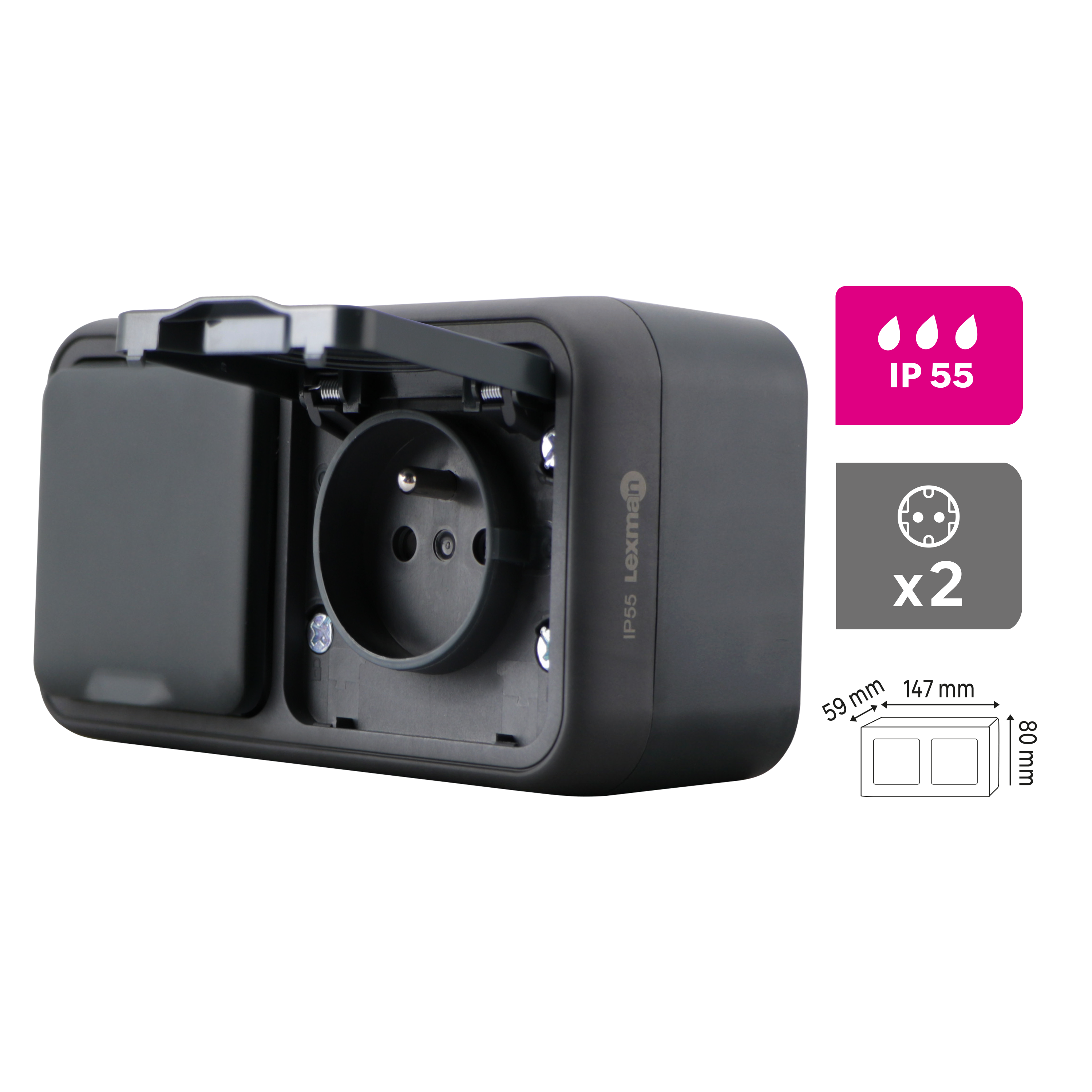 Double prise avec terre étanche complet Trail, LEXMAN anthracite - 4