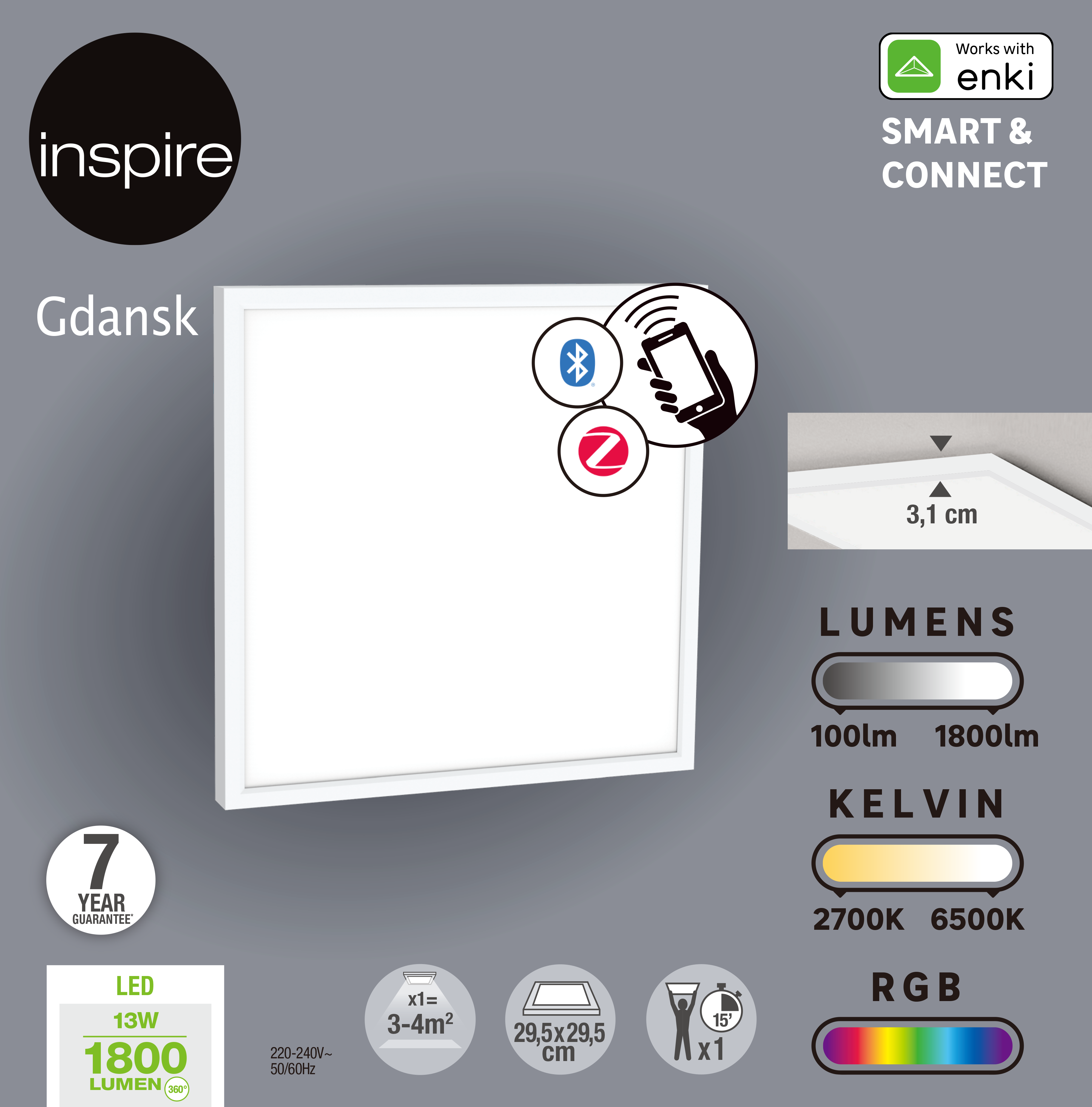 Panel LED Gdańsk Enki biały 30 x 30 xm LED Inspire - 6