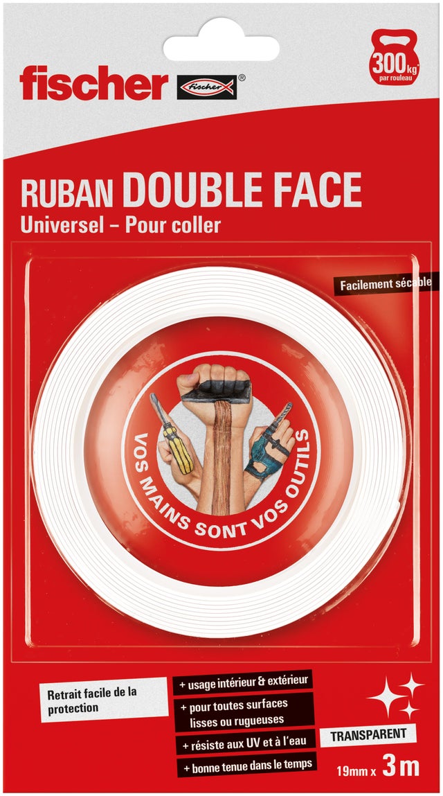 Ruban adhésif double face FISCHER L.3 m x l.19 mm