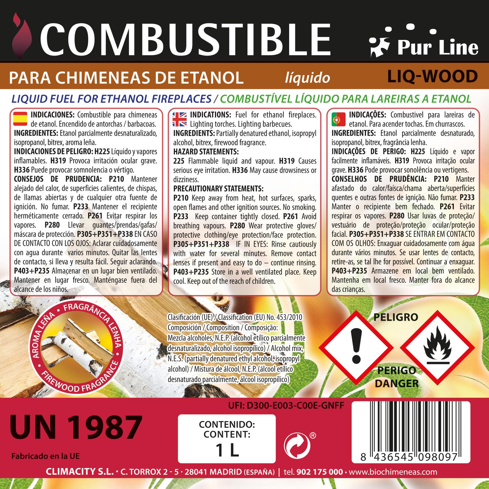 Combustible de origen natural aroma leña LIQ-WOOD, Botella 1L - 2